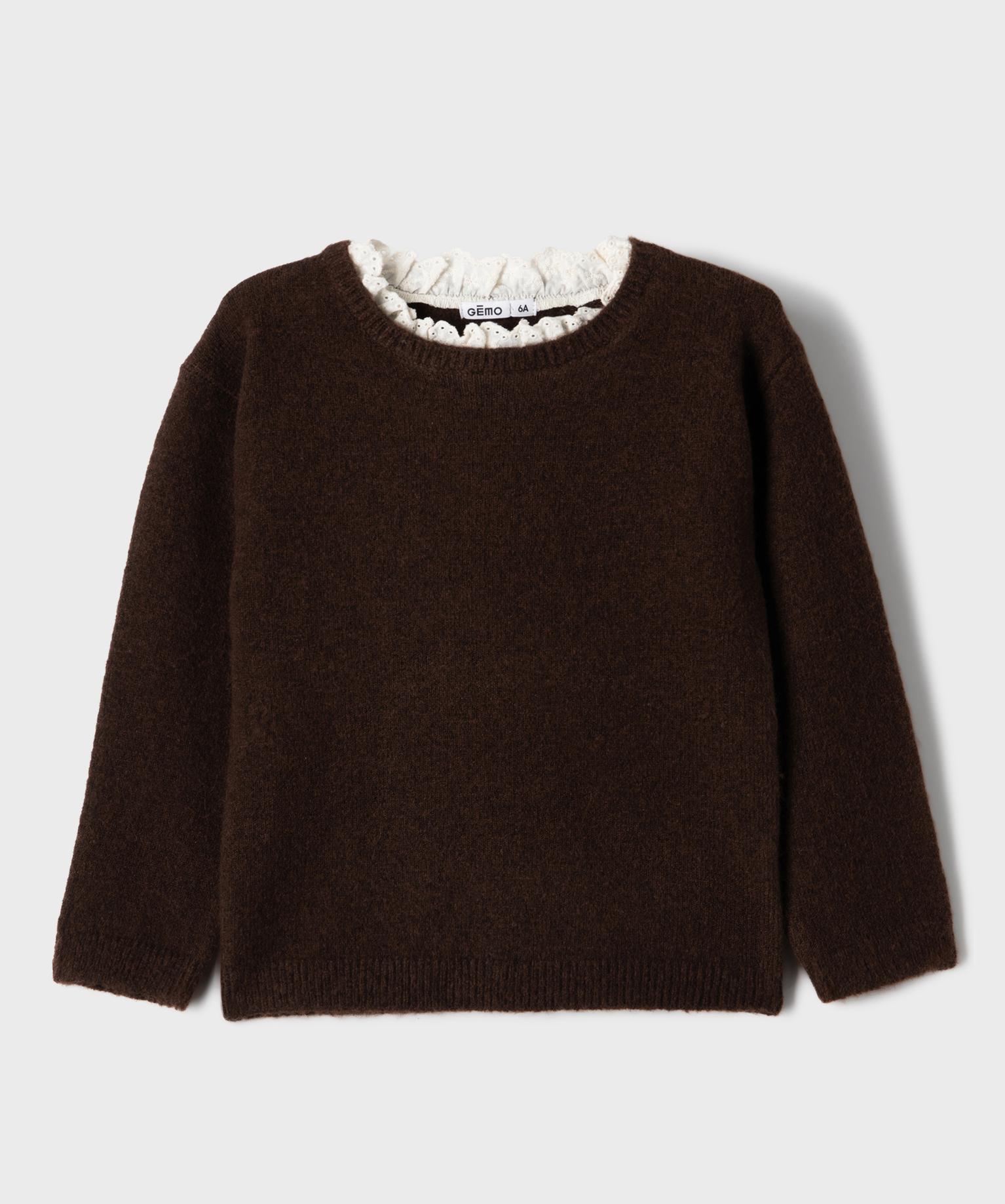 Pull effet 2-en-1 à col victorien avec de la laine fille - 8A - marron fonce - GEMO