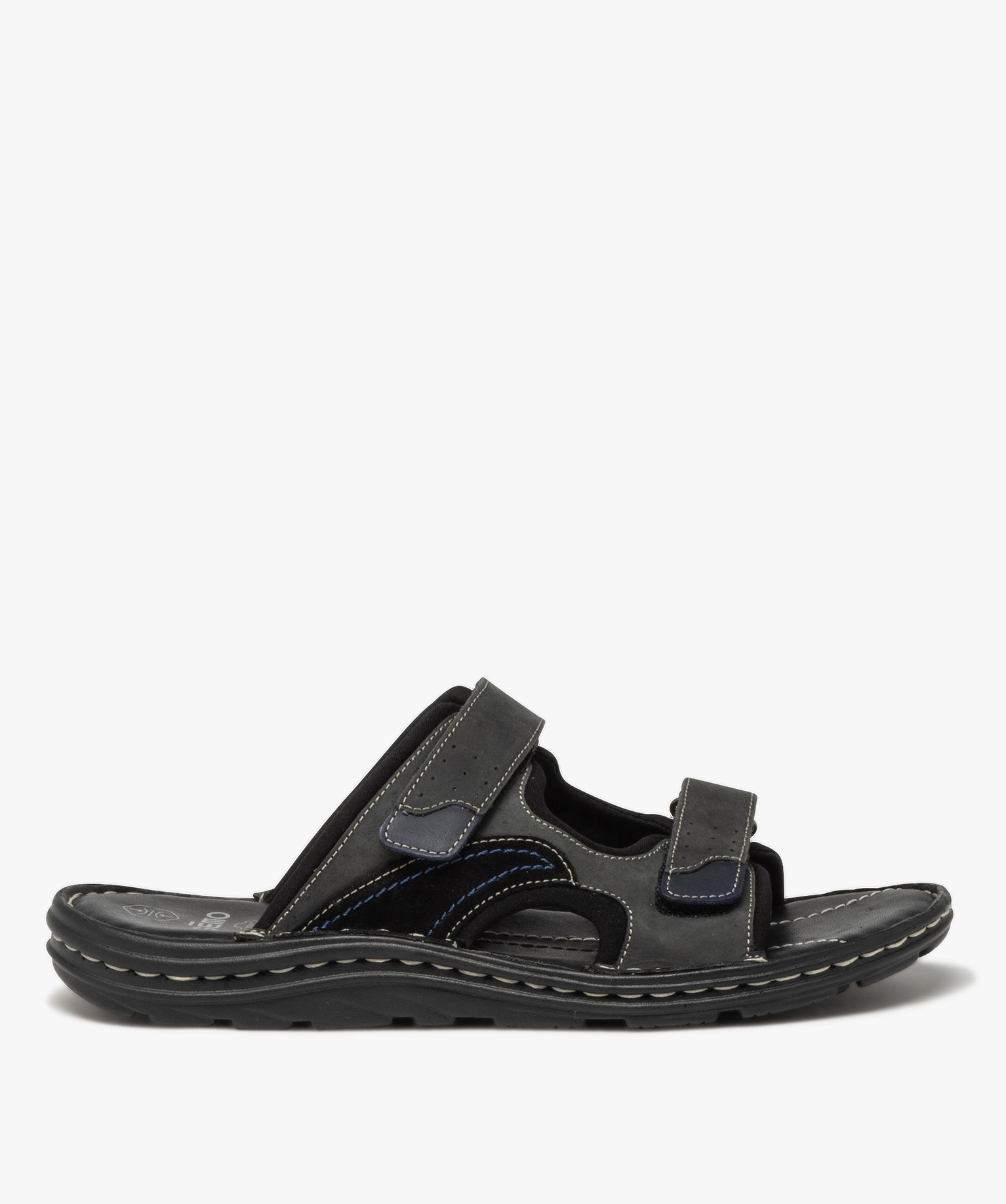 Mules homme dessus en cuir à larges brides à scratch - 46 - noir - GEMO
