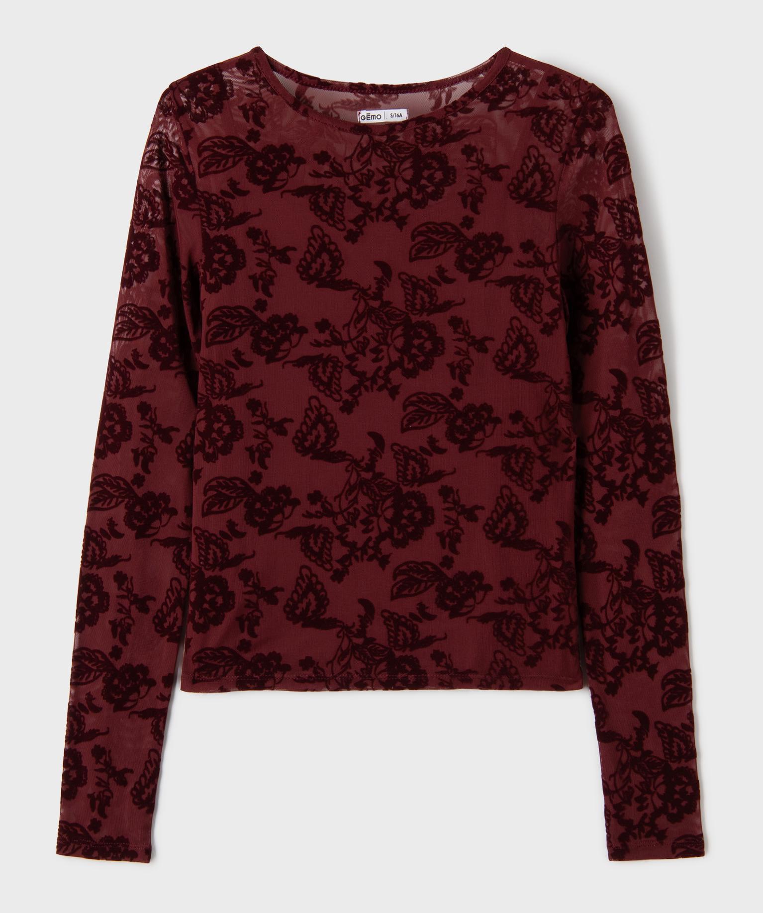 Tee-shirt manches longues en tulle à motif velours fille - 16A/S - rouge - GEMO