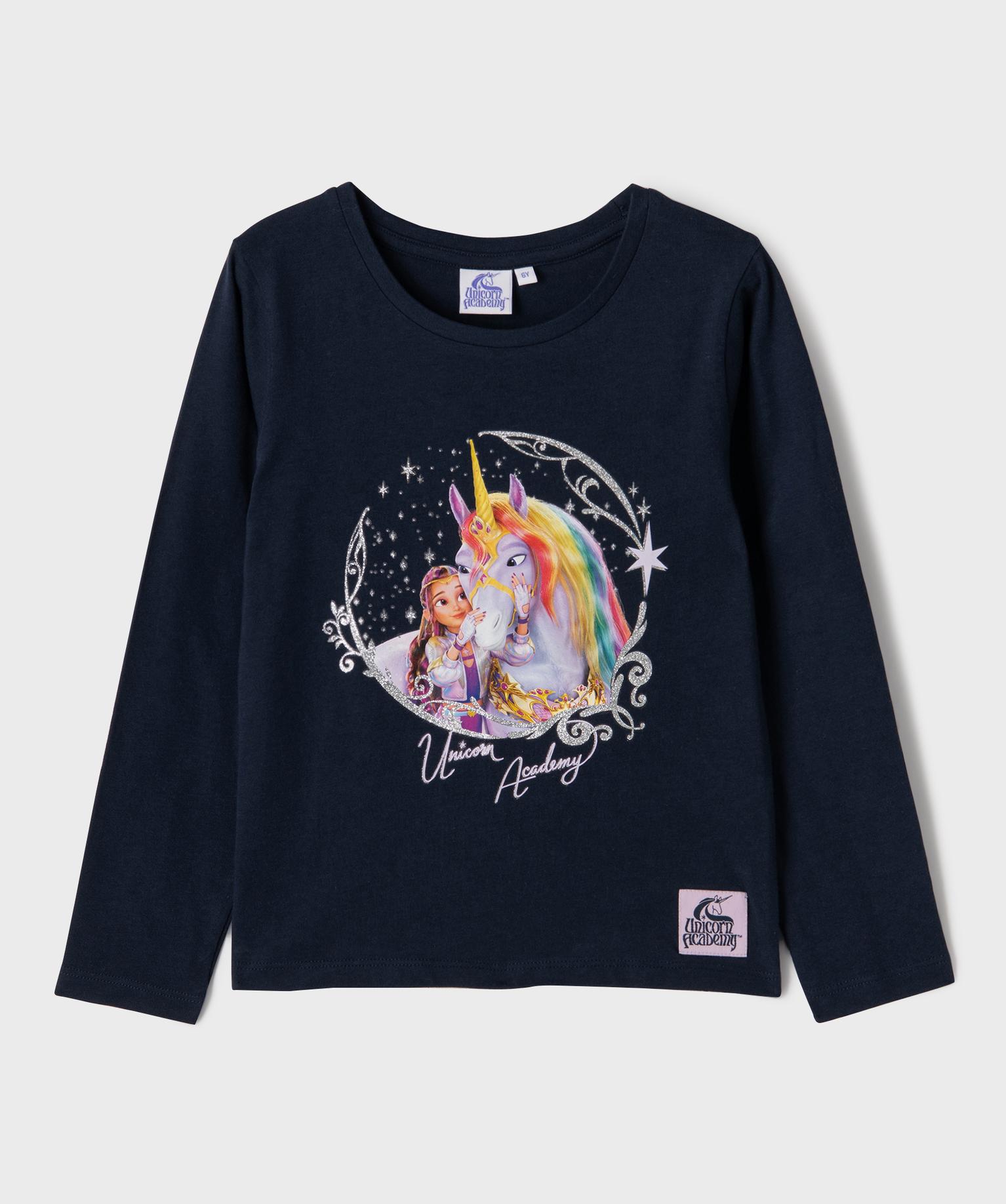 Tee-shirt manches longues avec motif licorne pailleté fille - Unicorn Academy - 6A - bleu fonce - UNICORN ACADEMY