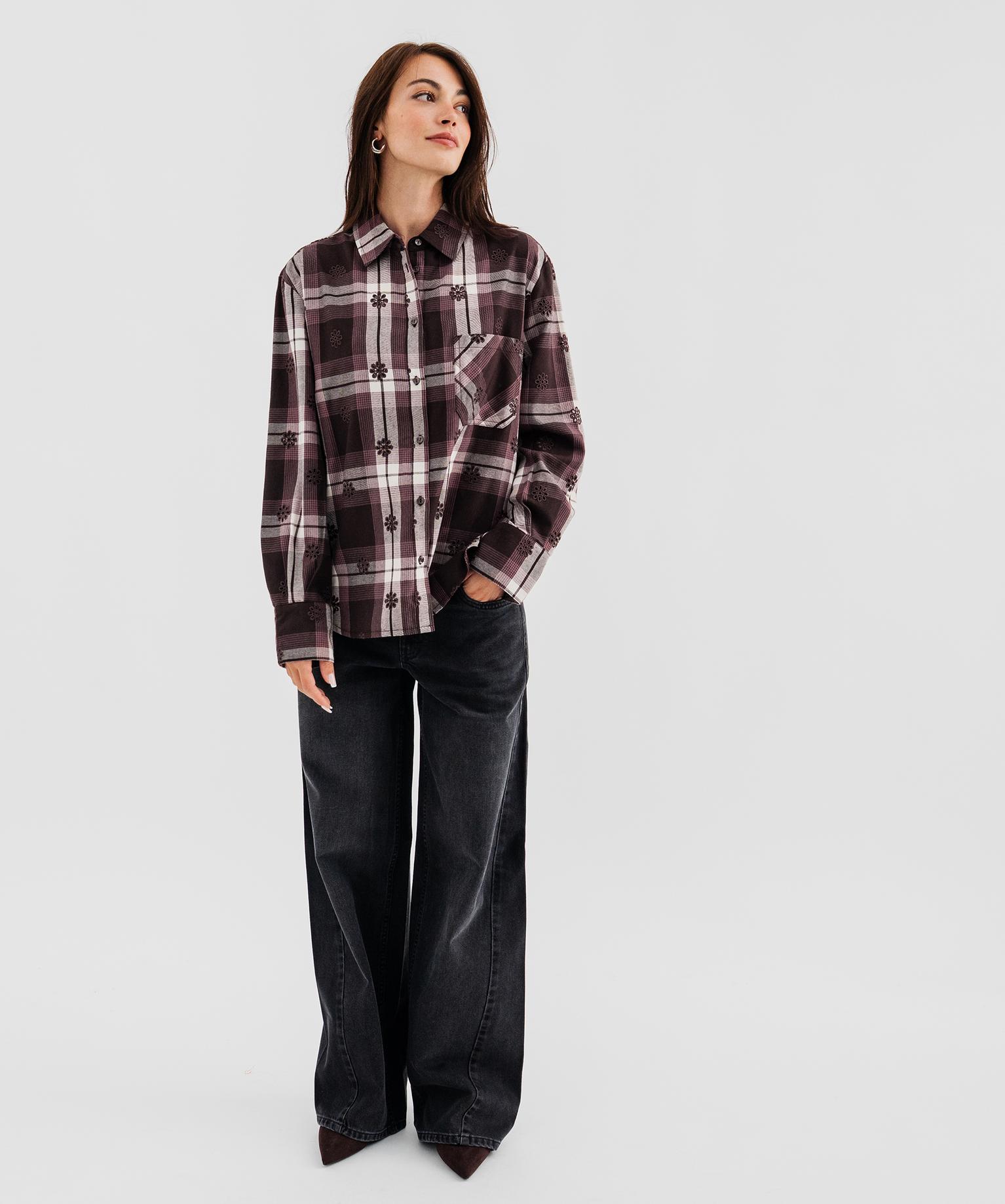 Chemise à carreaux et motifs brodés ajourés femme - 42-44/L - marron - GEMO