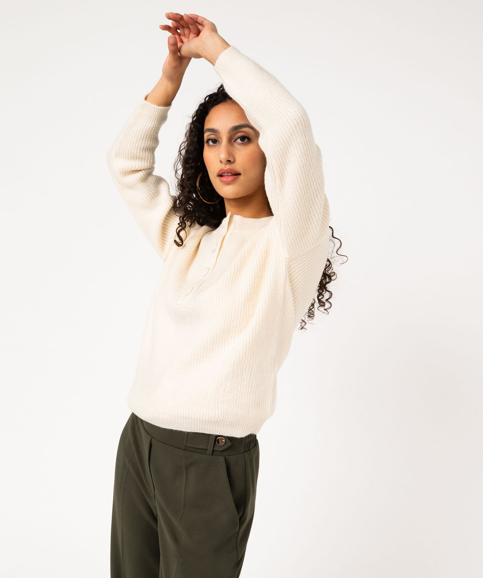 Pull grosse maille à col rond boutonné femme - XL - ecru - GEMO