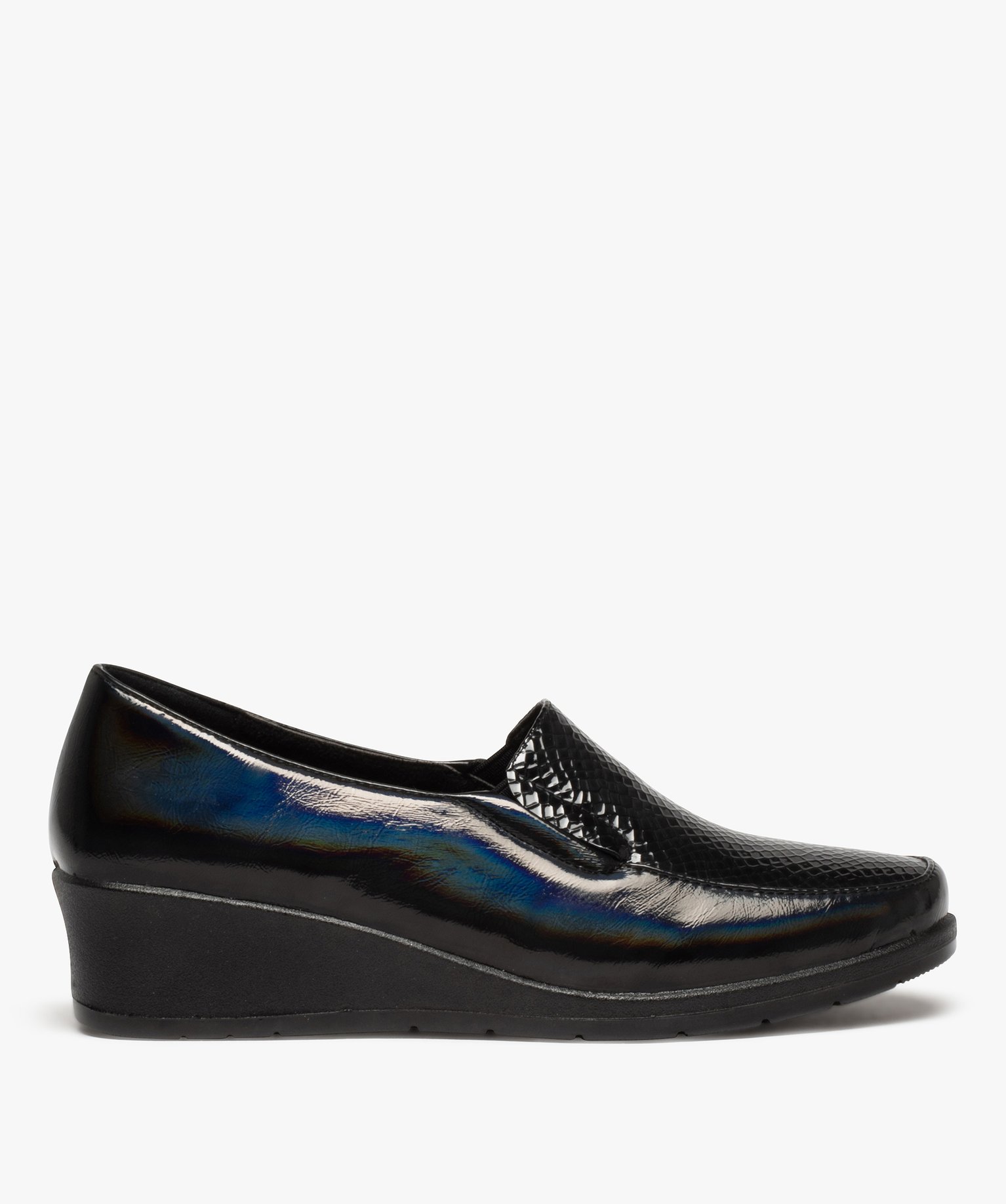 Platino Henrietta Compensées Femmes Noir Verni - Chaussures Élégantes Talon 5cm Avec Nœud