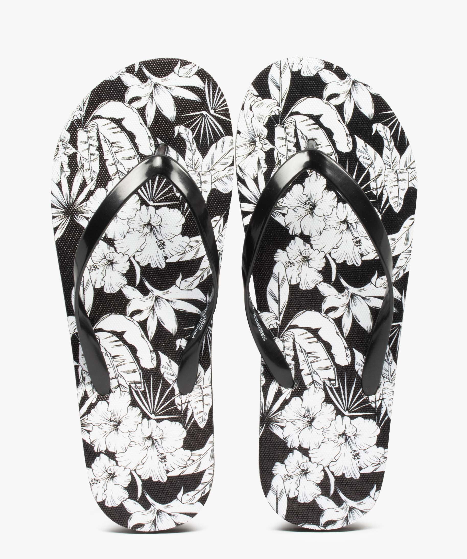 Tongs femme à fines brides et semelle imprimée fleurs - 39 - noir - GEMO