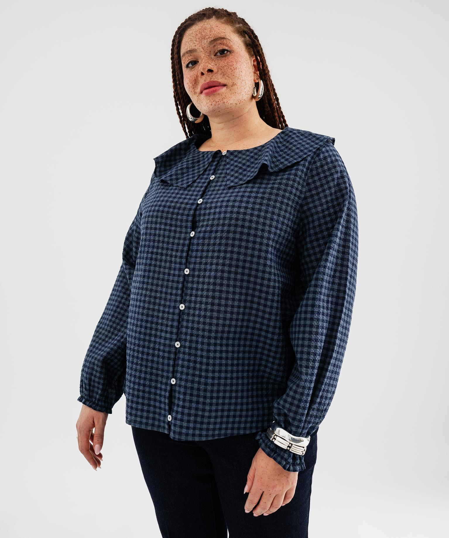 Chemise manches longues en coton stretch à carreaux et grand col femme grande taille - 50-52/XXL - bleu - GEMO