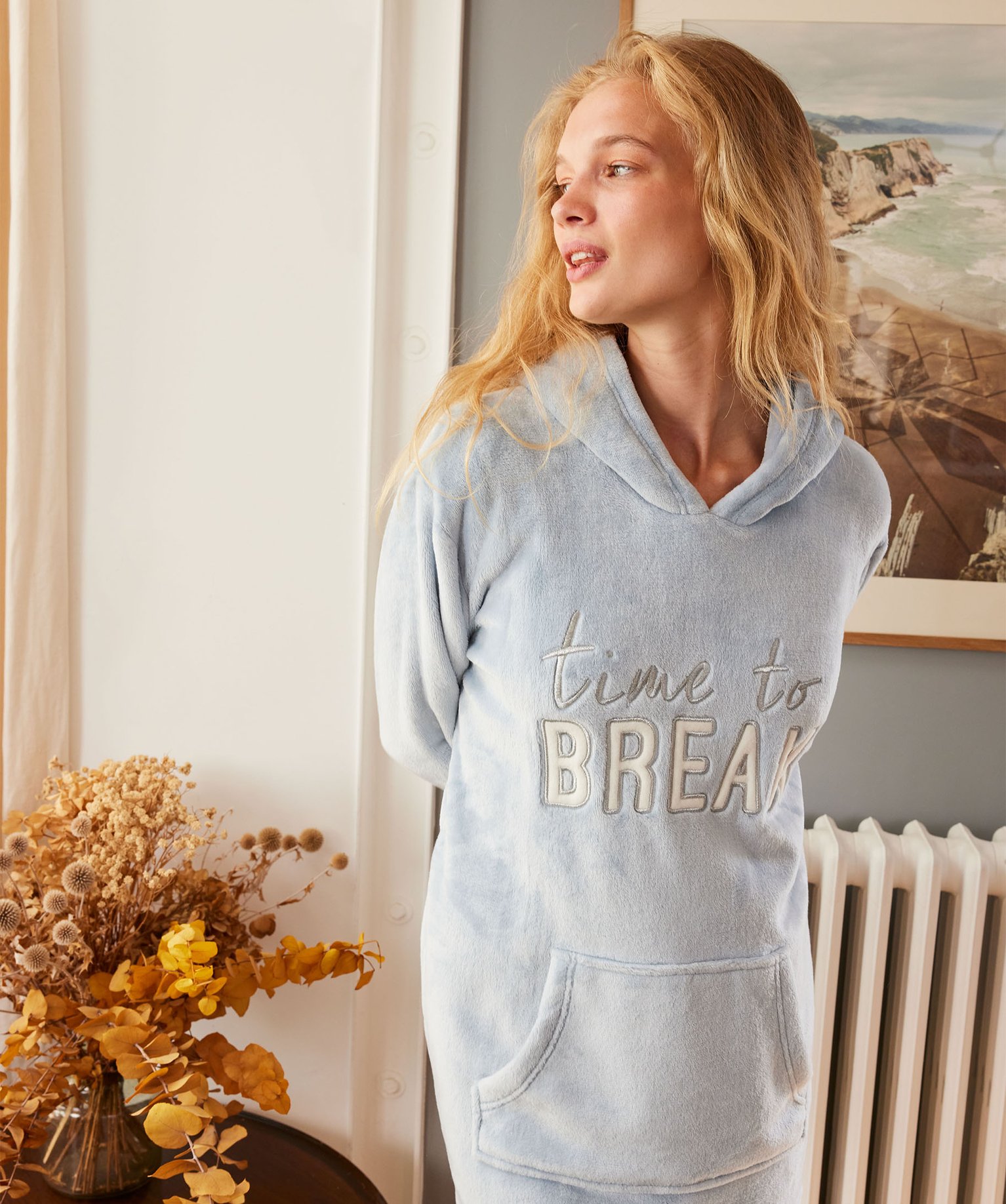 Chemise de nuit femme en maille peluche - XS - bleu - GEMO