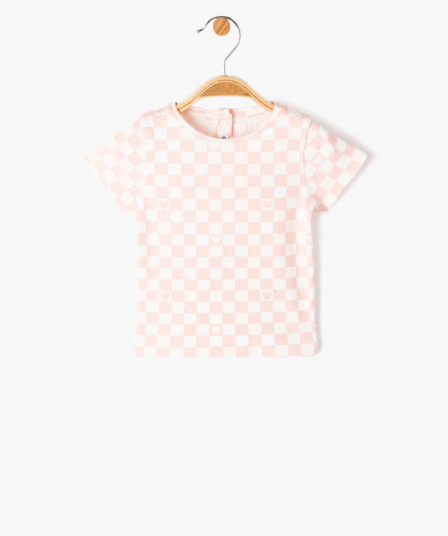 Tee-shirt bébé fille à manches courtes en maille côtelée à carreaux - 6M - rose - GEMO