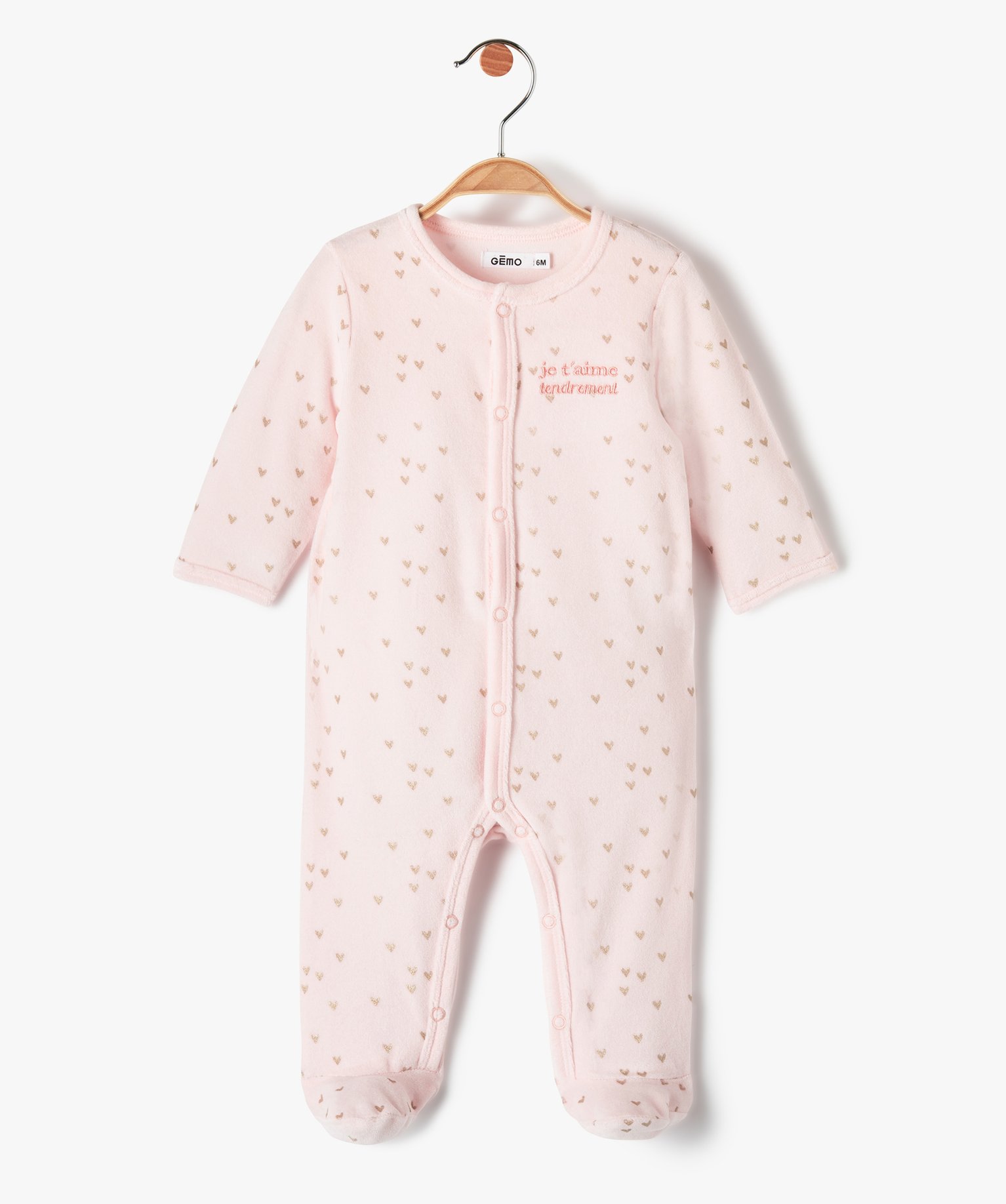 Pyjama bébé en velours pastel à cœurs dorés et ouverture ventrale - GEMO