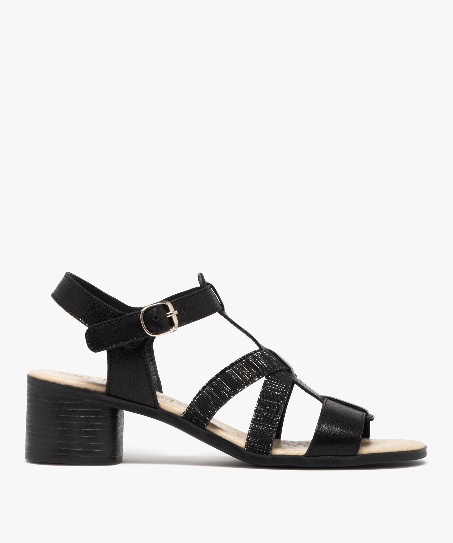 Sandales confort femme à talon carré en cuir avec deux brides élastiques fantaisie - 38 - noir - GEMO