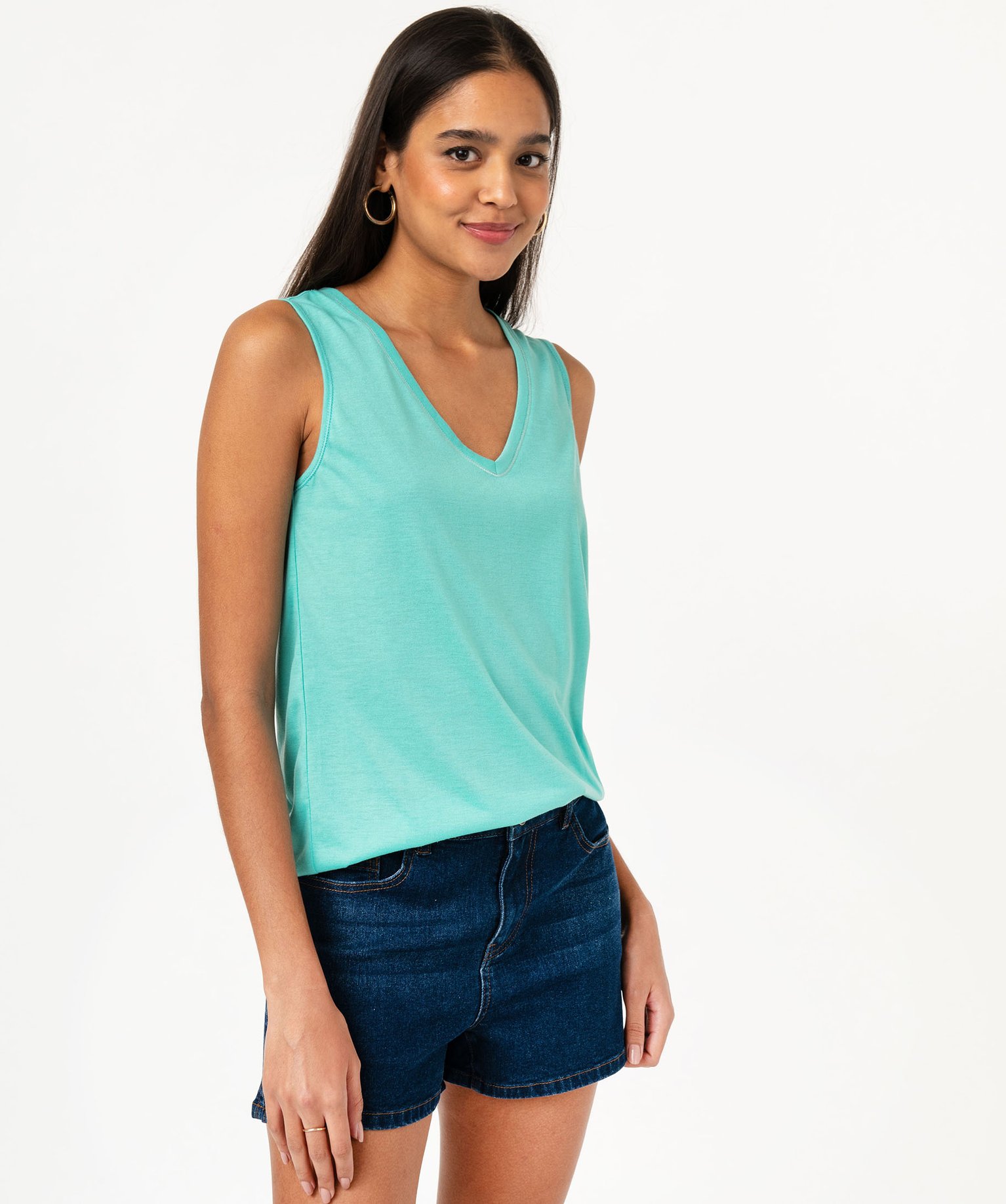 Débardeur col V brillant en maille fluide femme - M - turquoise - GEMO