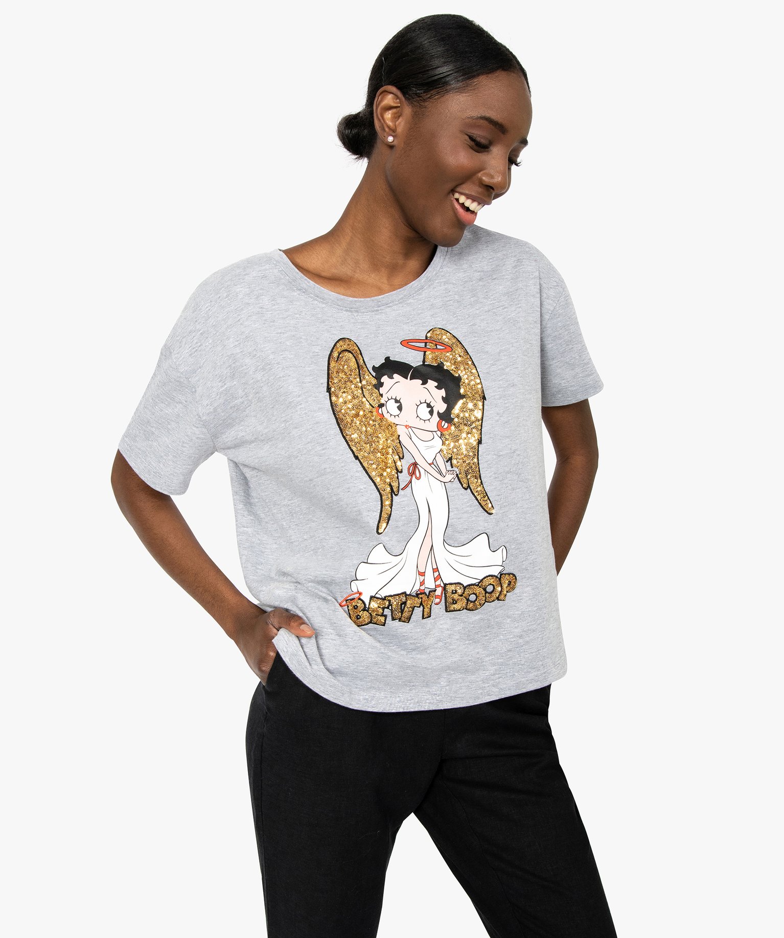 Tee shirt femme avec motif en sequins brodes Betty Boop GEMO