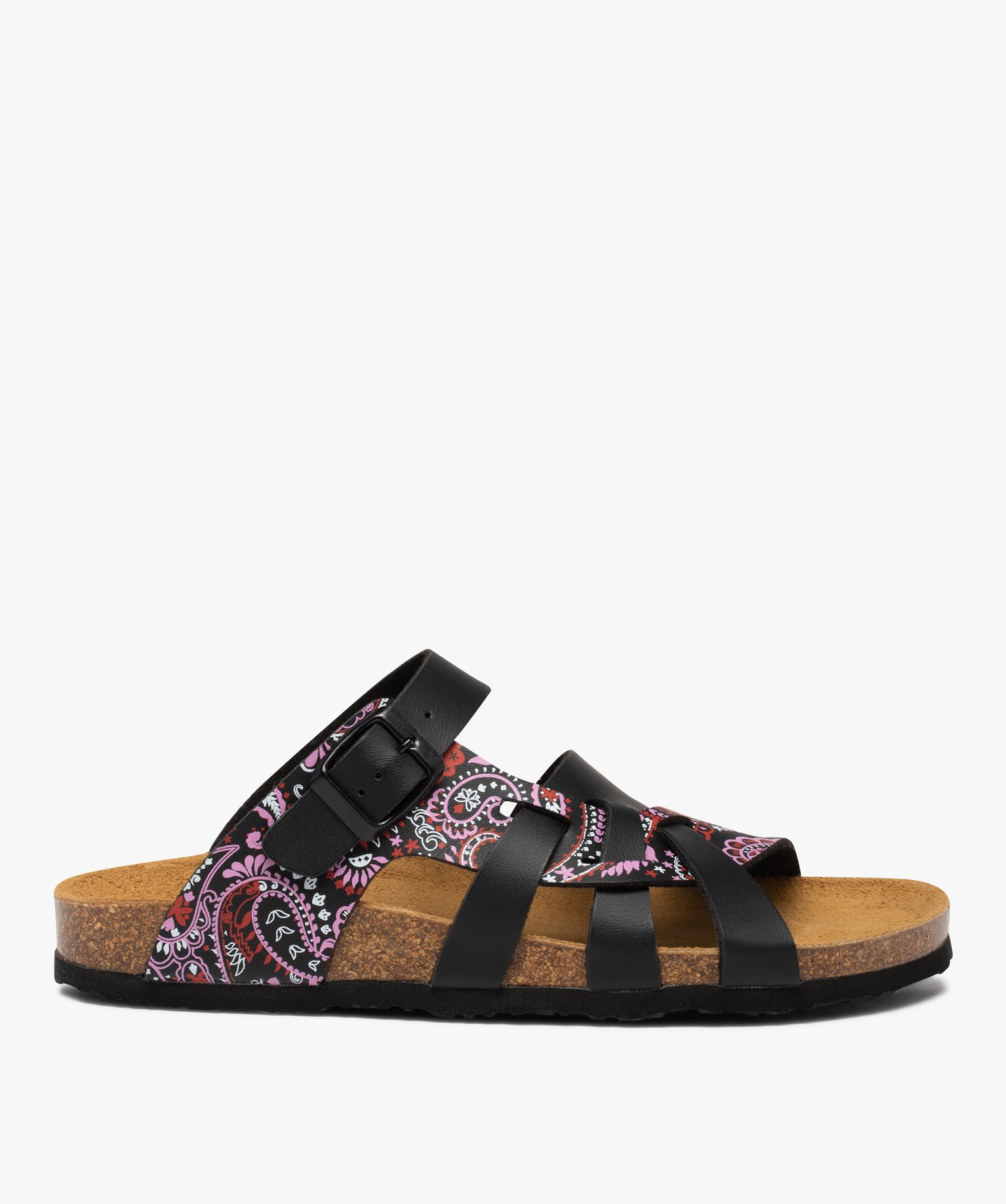 Mules femme plates à brides imprimées et semelle liège - 37 - noir - GEMO