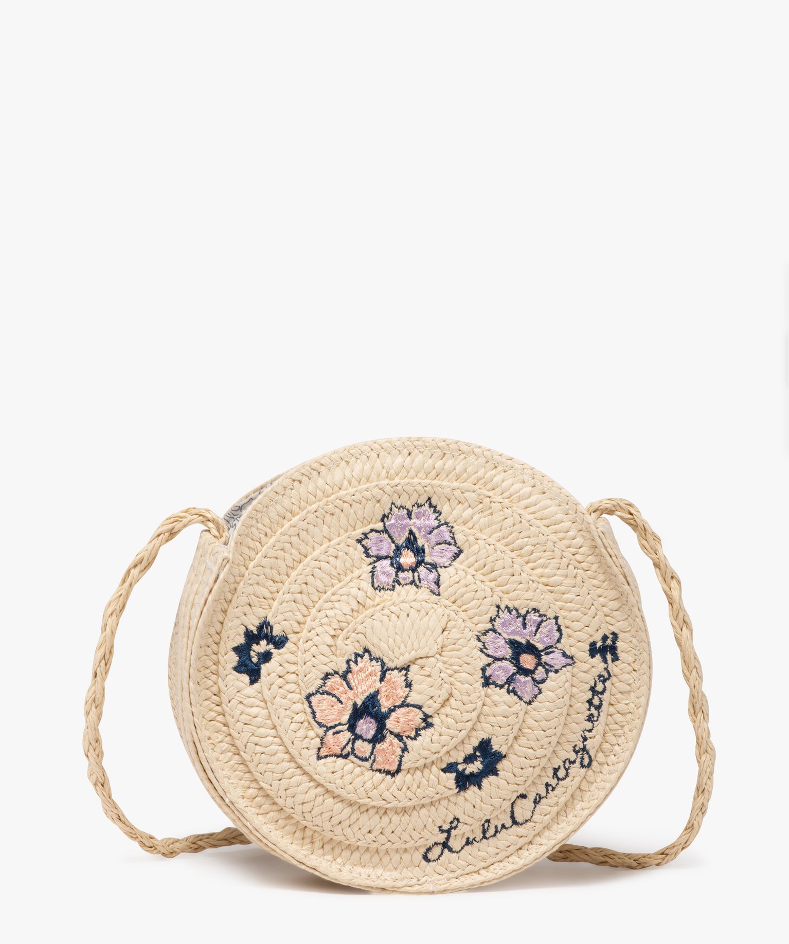 Sac rond en paille de papier avec motifs brodés fille - LuluCastagnette - TU - beige clair - LULUCASTAGNETTE