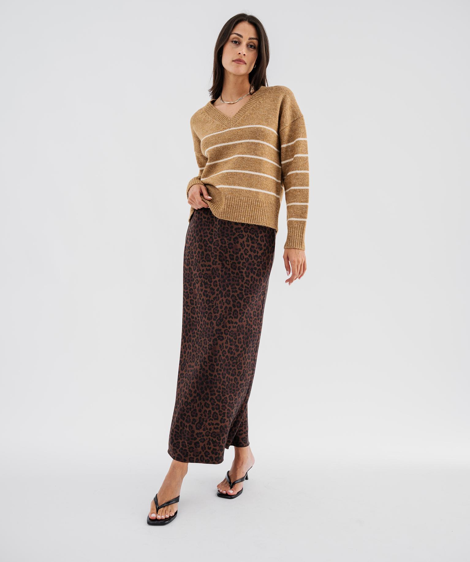 Pull rayé à col V coupe loose femme - 46-48/XL - marron chine - GEMO