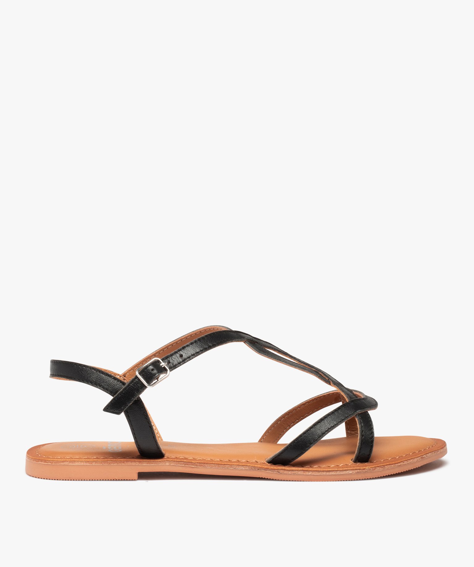 Sandales femme à talon plat et fines brides en cuir uni - 38 - noir standard - GEMO