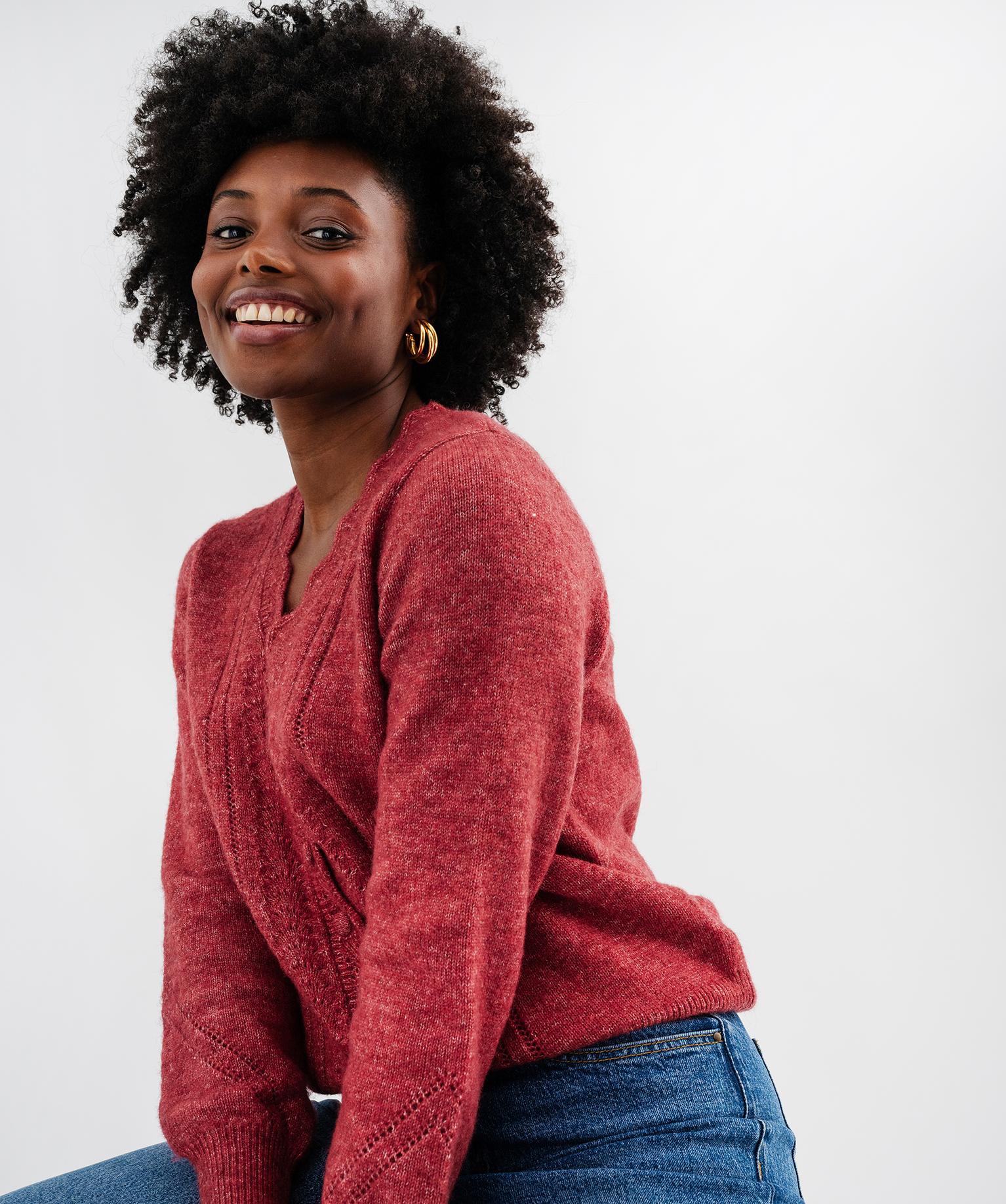 Gilet col V en maille fantaisie avec finitions dentelées femme - 46-48/XL - rouge fonce - GEMO