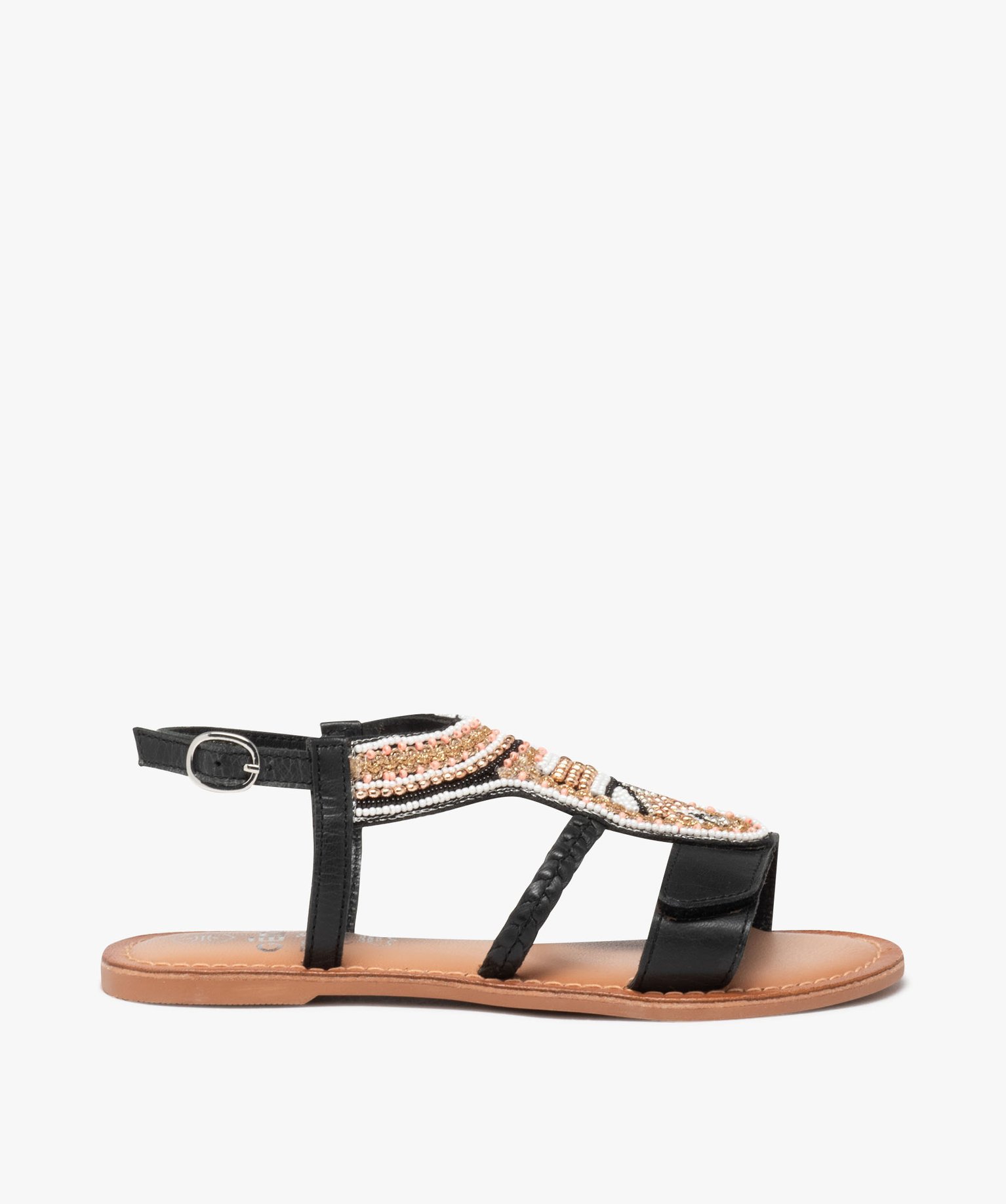 Sandales fille unies avec dessus en perles fantaisie à scratch et bride à boucle - 36 - noir - GEMO