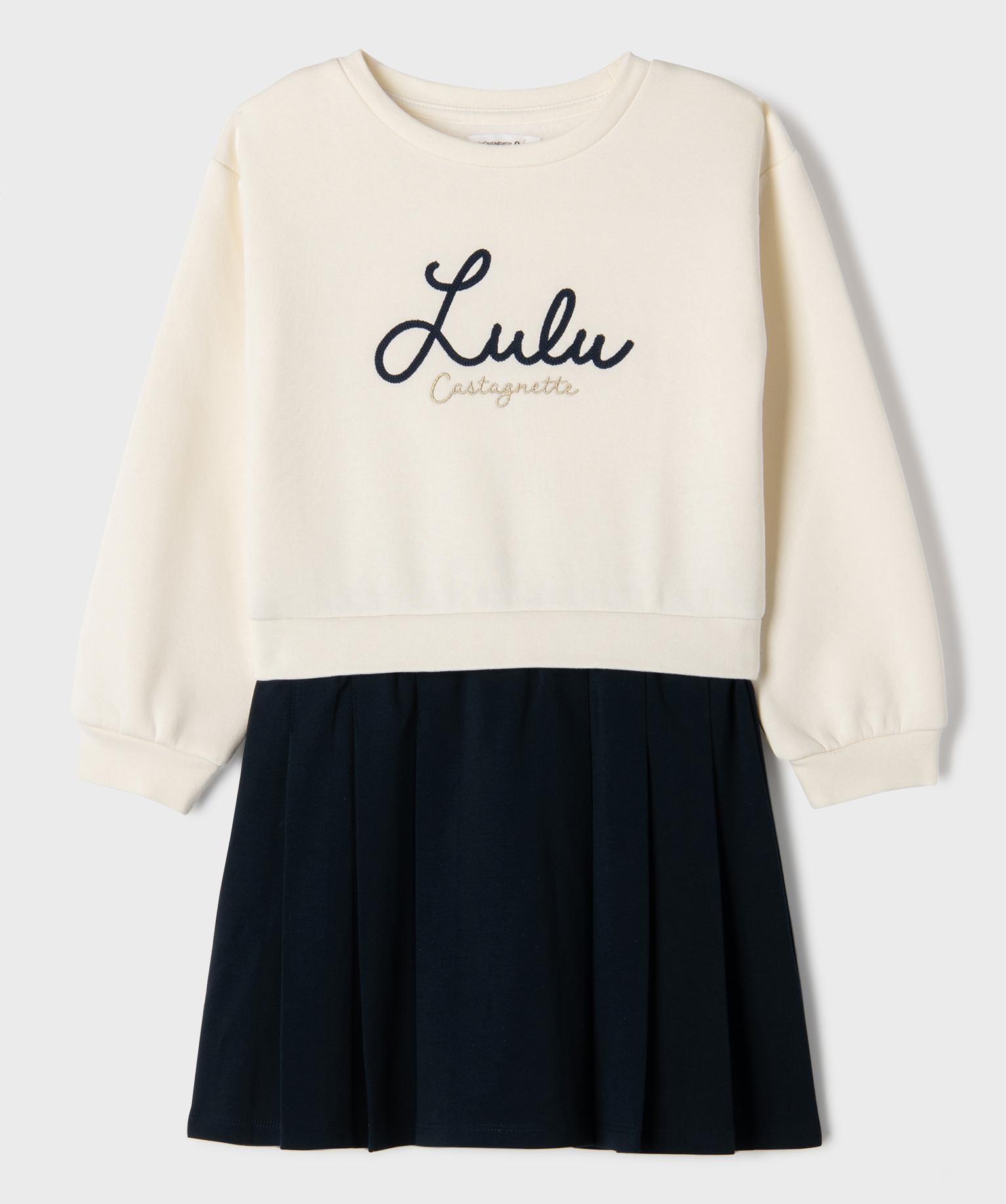 Robe bicolore avec inscription brodée fille LuluCastagnette ecru