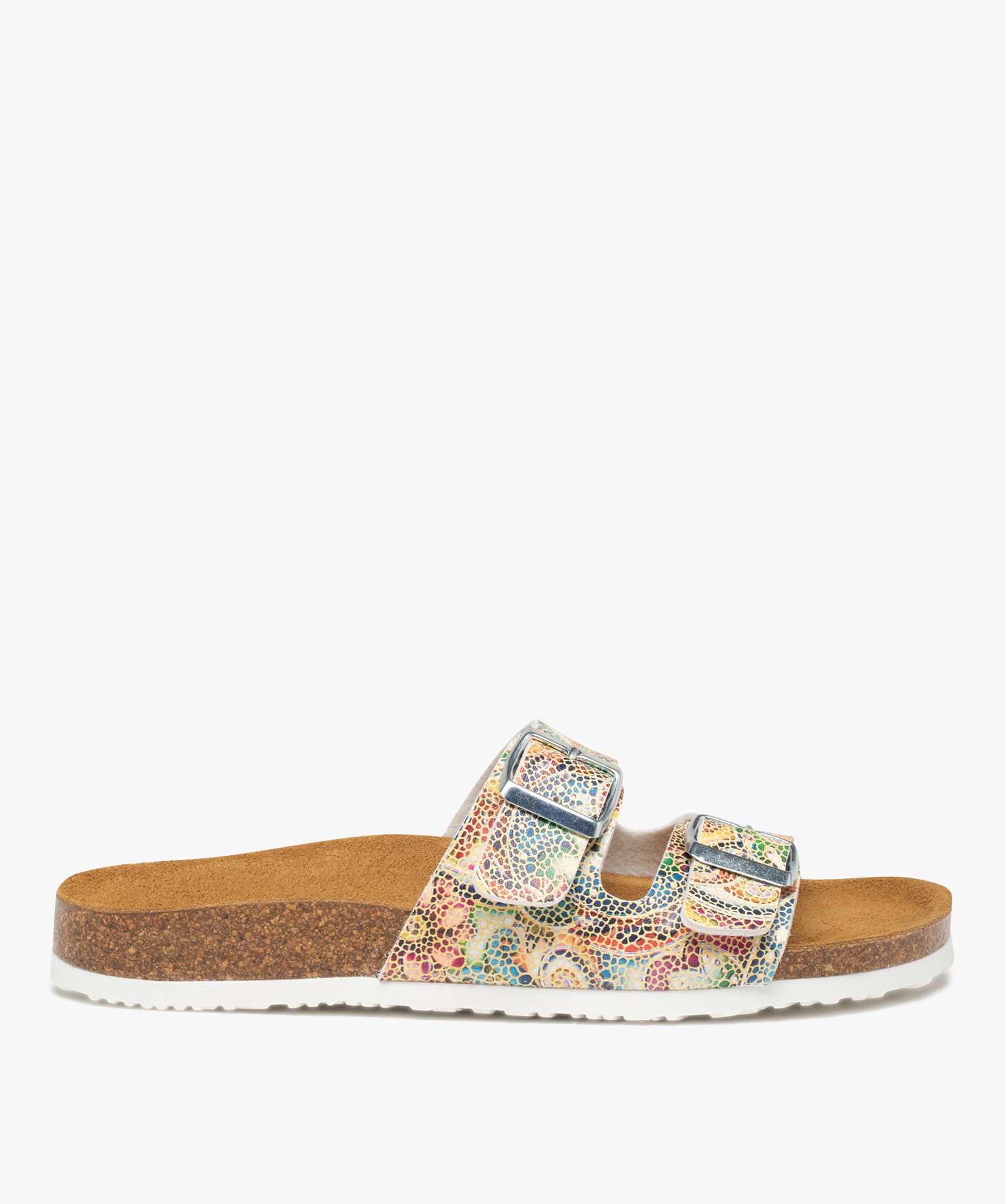 Mules femme à brides imprimées et semelle liège - 37 - jaune - GEMO