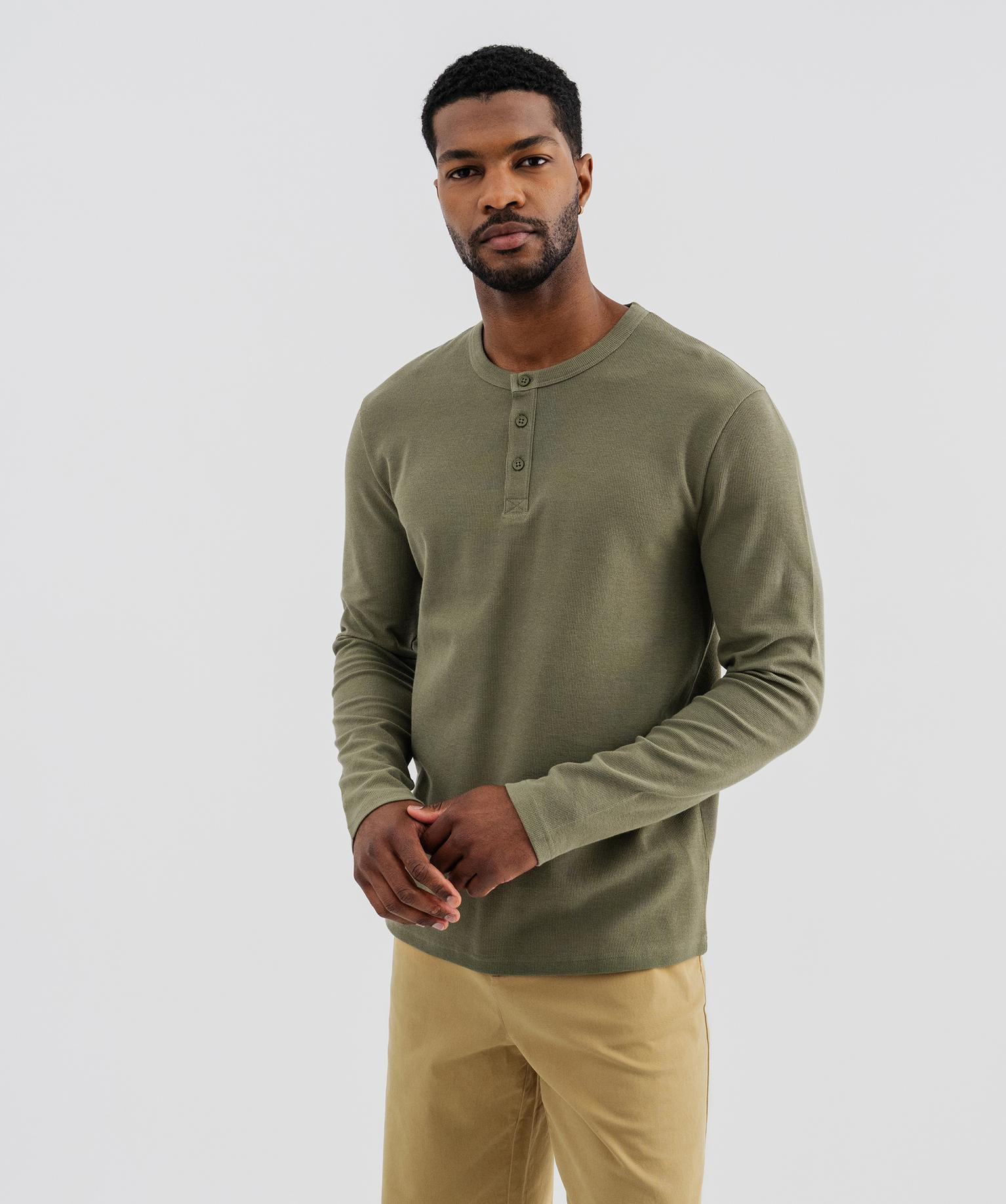 Tee-shirt manches longues avec col tunisien homme - 36/S - kaki standard - GEMO