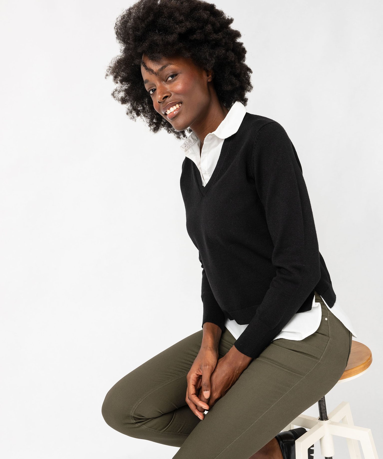 Pull Femme Effet 2 En 1 - Col Chemise Intégré, Manches Trompette, Look Bureau/décontracté