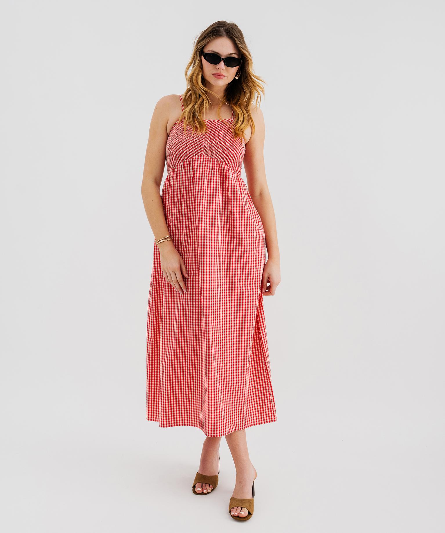 Robe longue à fines bretelles à motif vichy femme - 38 - rouge standard - GEMO