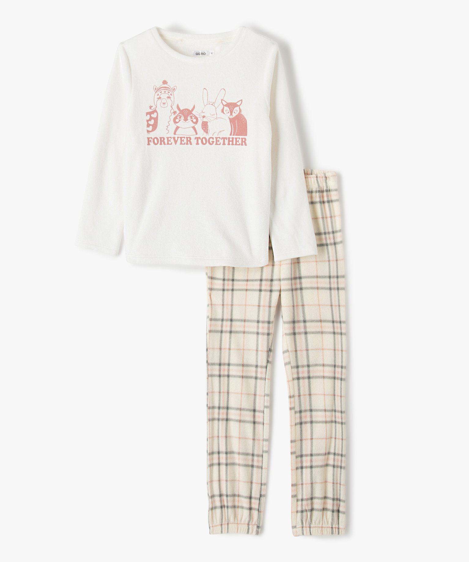 Pyjama fille chaud imprimé animaux et carreaux - GEMO