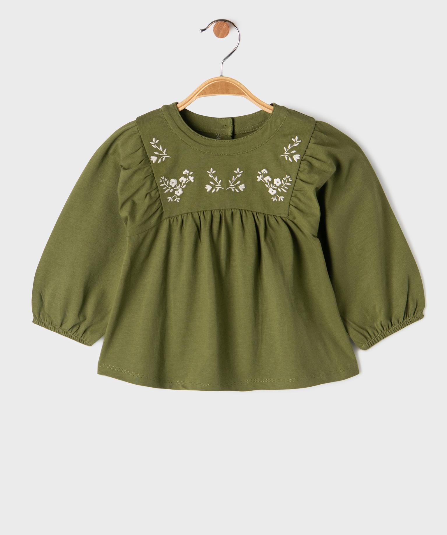 Blouse manches longues en jersey de coton ample et brodé bébé fille - 4A - kaki standard - GEMO