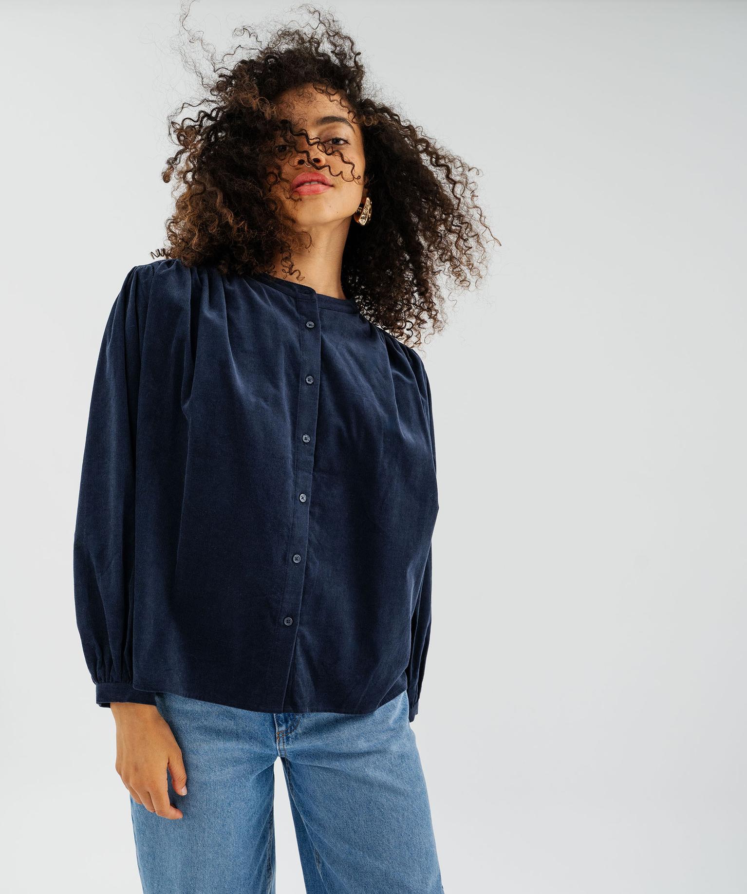 Chemise ample à col victorien en velours milleraies femme - 38-40/M - bleu fonce - GEMO
