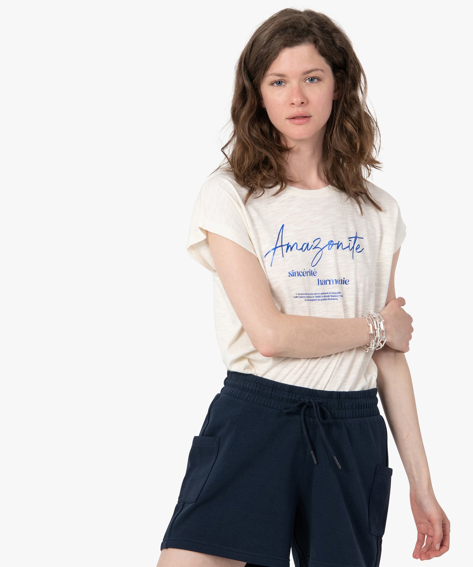 Tee-shirt femme sans manches avec inscription pailletée - L - ecru - GEMO