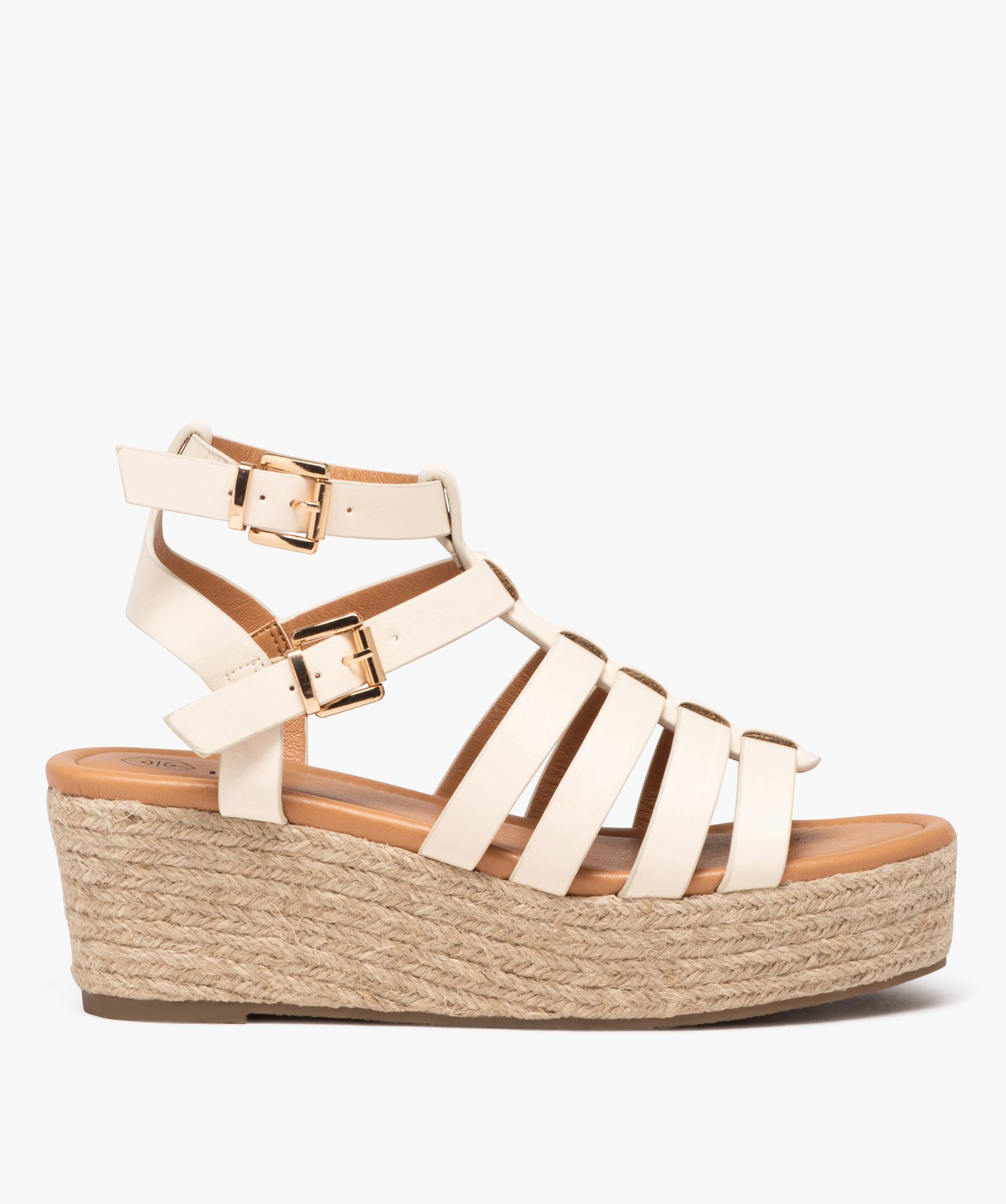 Sandales femme à talon compensé en corde avec multi-brides montantes - 40 - beige - GEMO