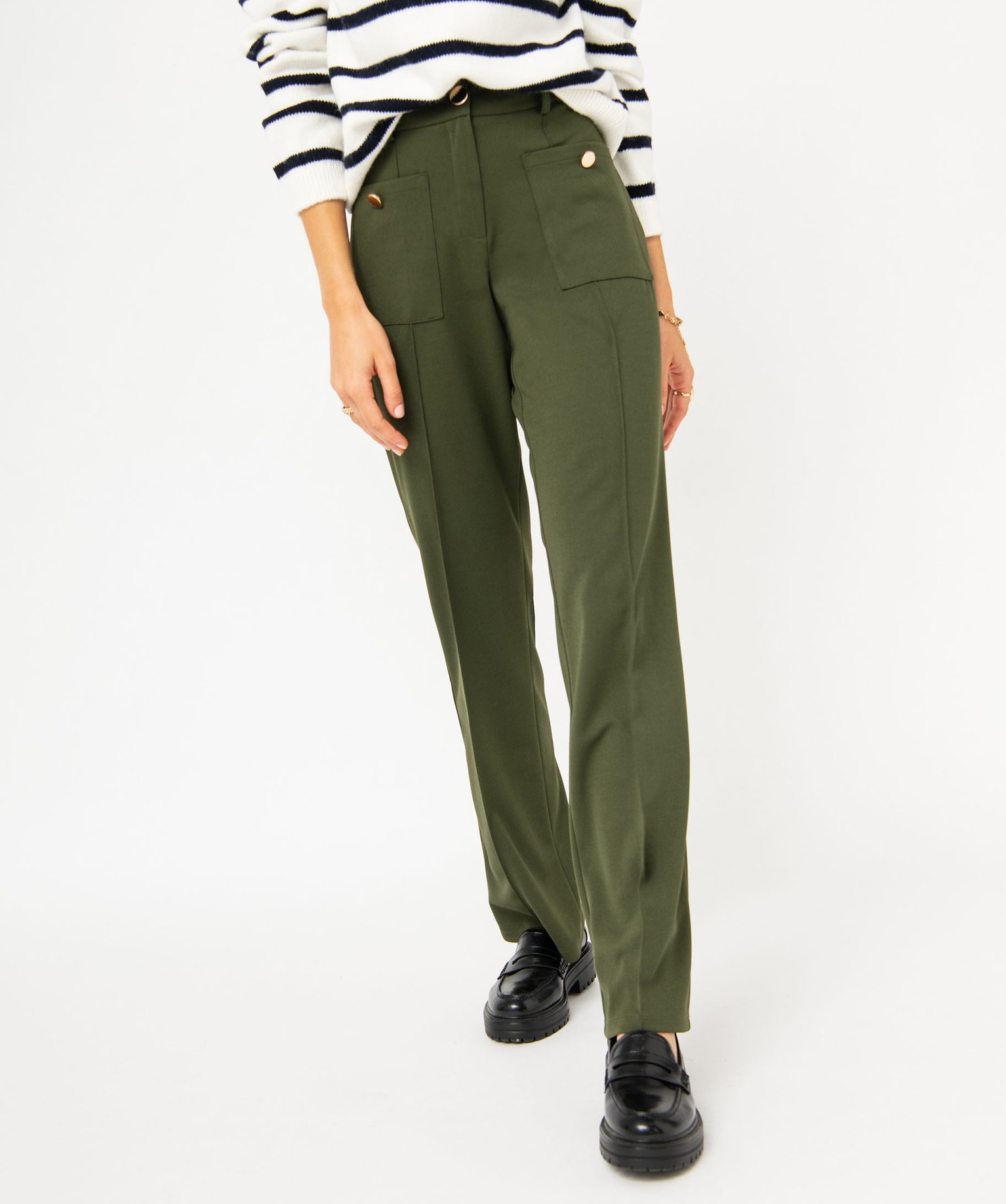 Pantalon en maille coupe droite avec fausses poches plaquées femme - XL - kaki - GEMO