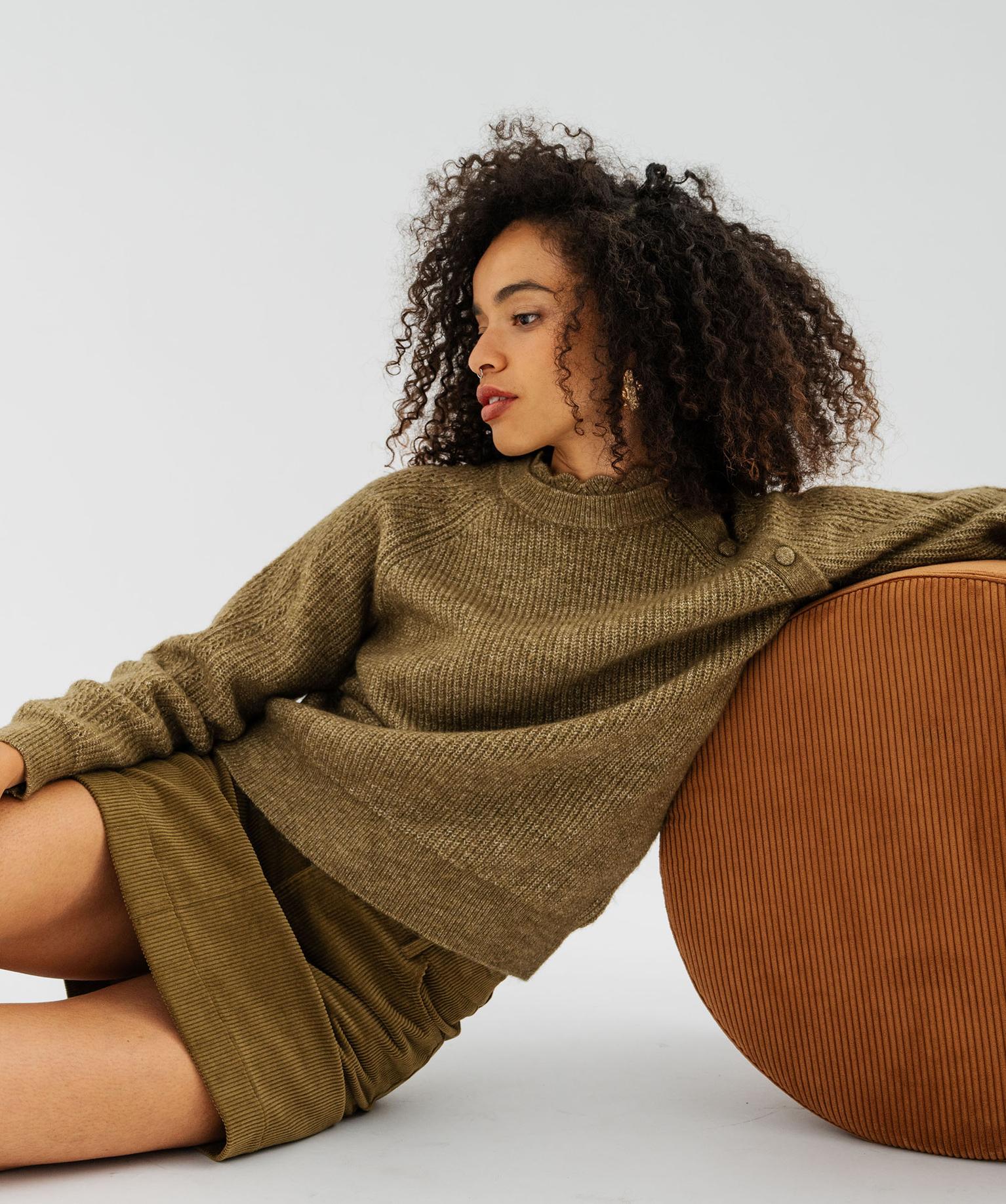 Pull col rond festonné femme - 42-44/L - vert standard - GEMO
