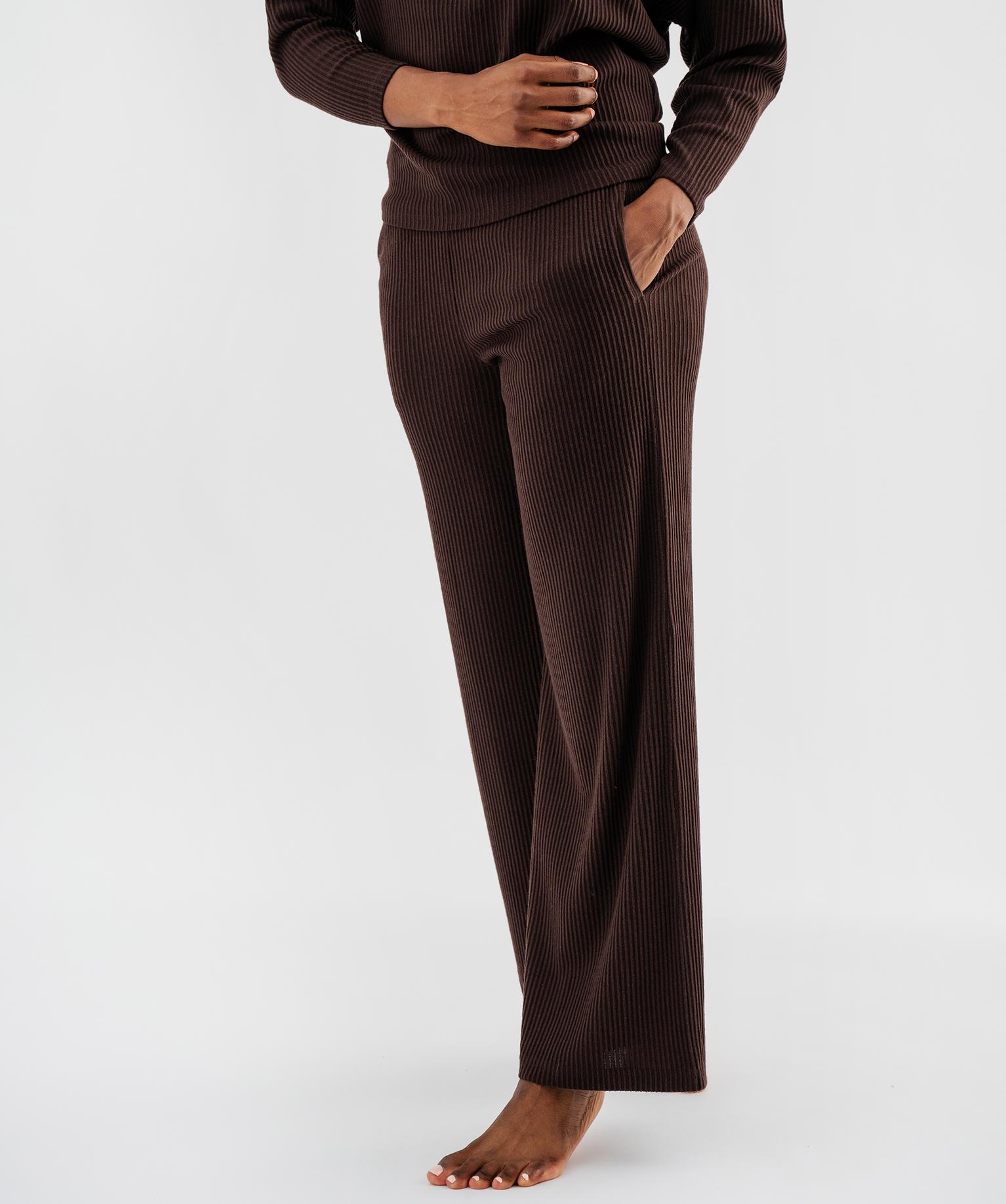 Pantalon de pyjama en maille côtelée extensible à taille élastiquée femme - 34/XS - marron fonce - GEMO