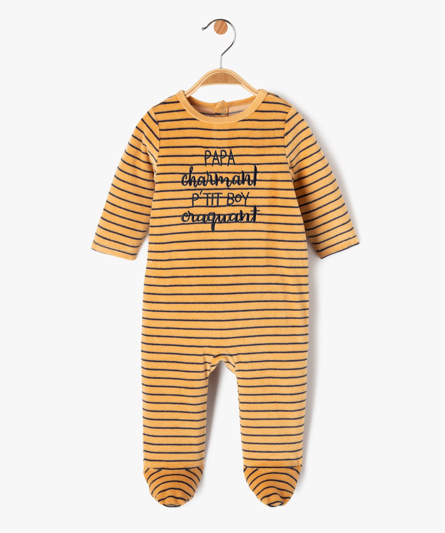 Pyjama dors-bien en velours à rayures avec message bébé garçon - 12M - marron clair - GEMO