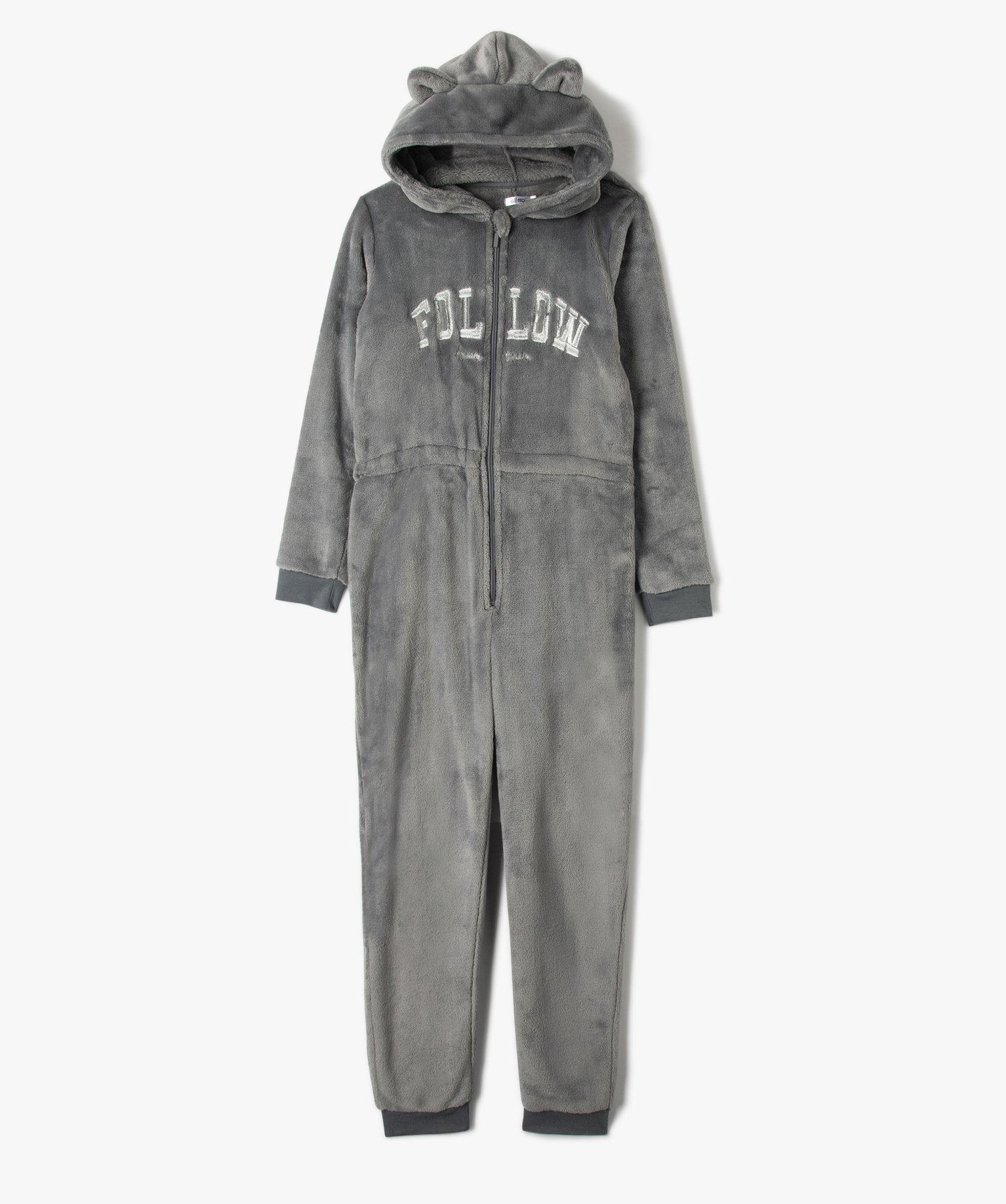 Combinaison pyjama fille à capuche en maille peluche - 10 - gris - GEMO