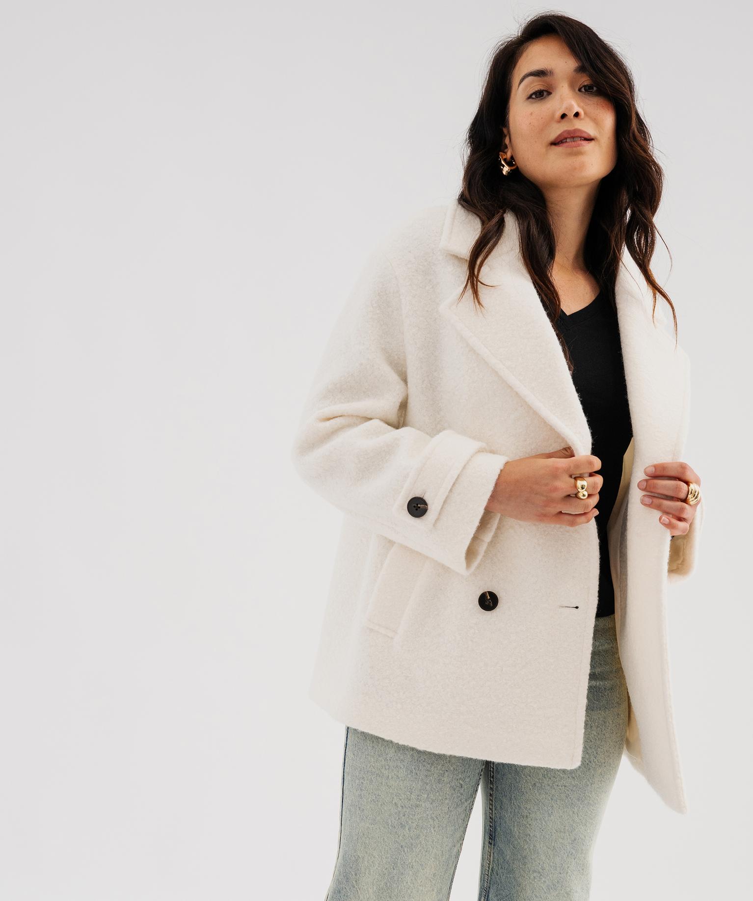 Manteau droit à col tailleur et fermeture croisée en maille bouclée femme - 42-44/L - blanc standard - GEMO