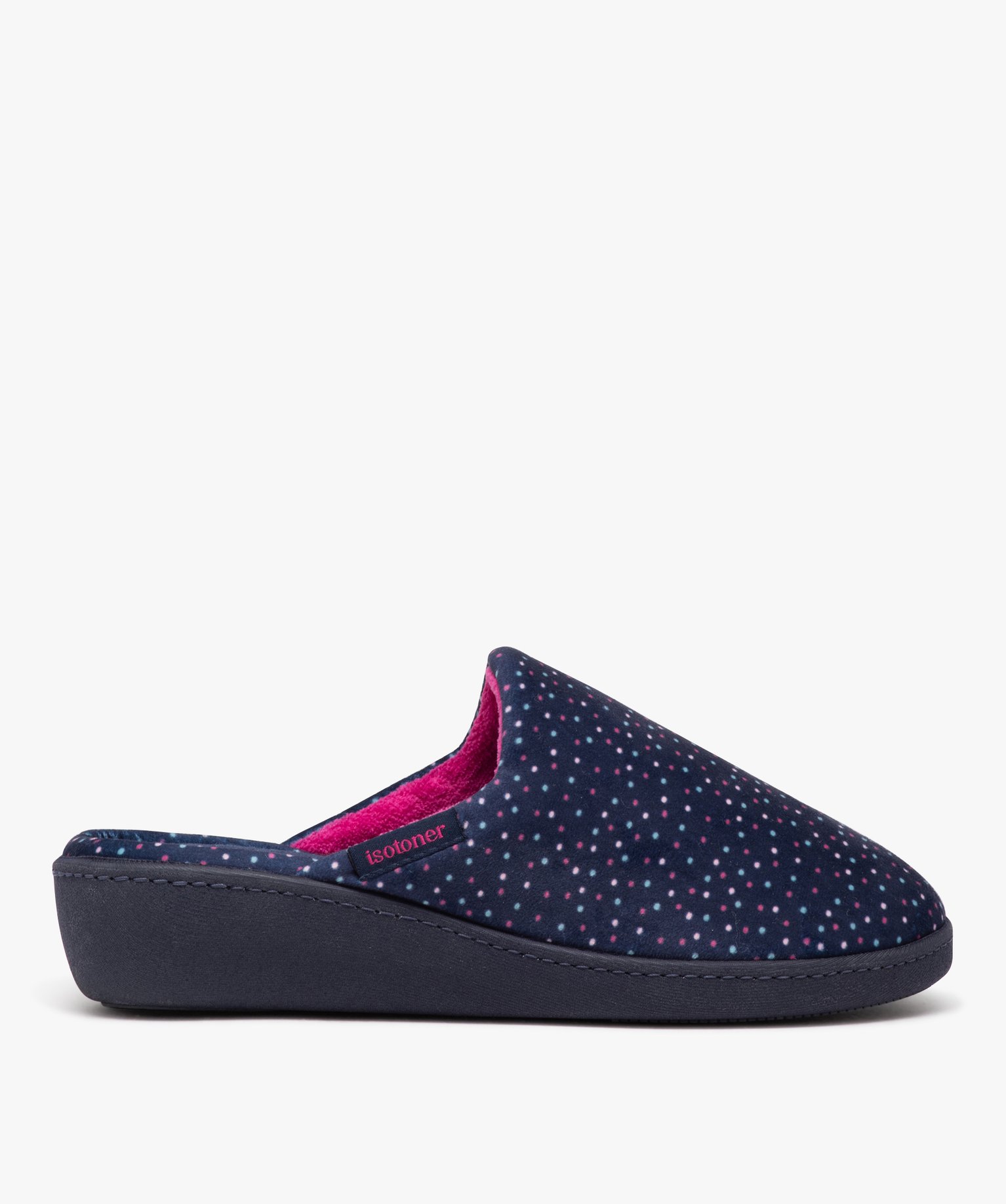Chaussons femme mules à talon compensé en velours - Isotoner - 39 - marine - ISOTONER