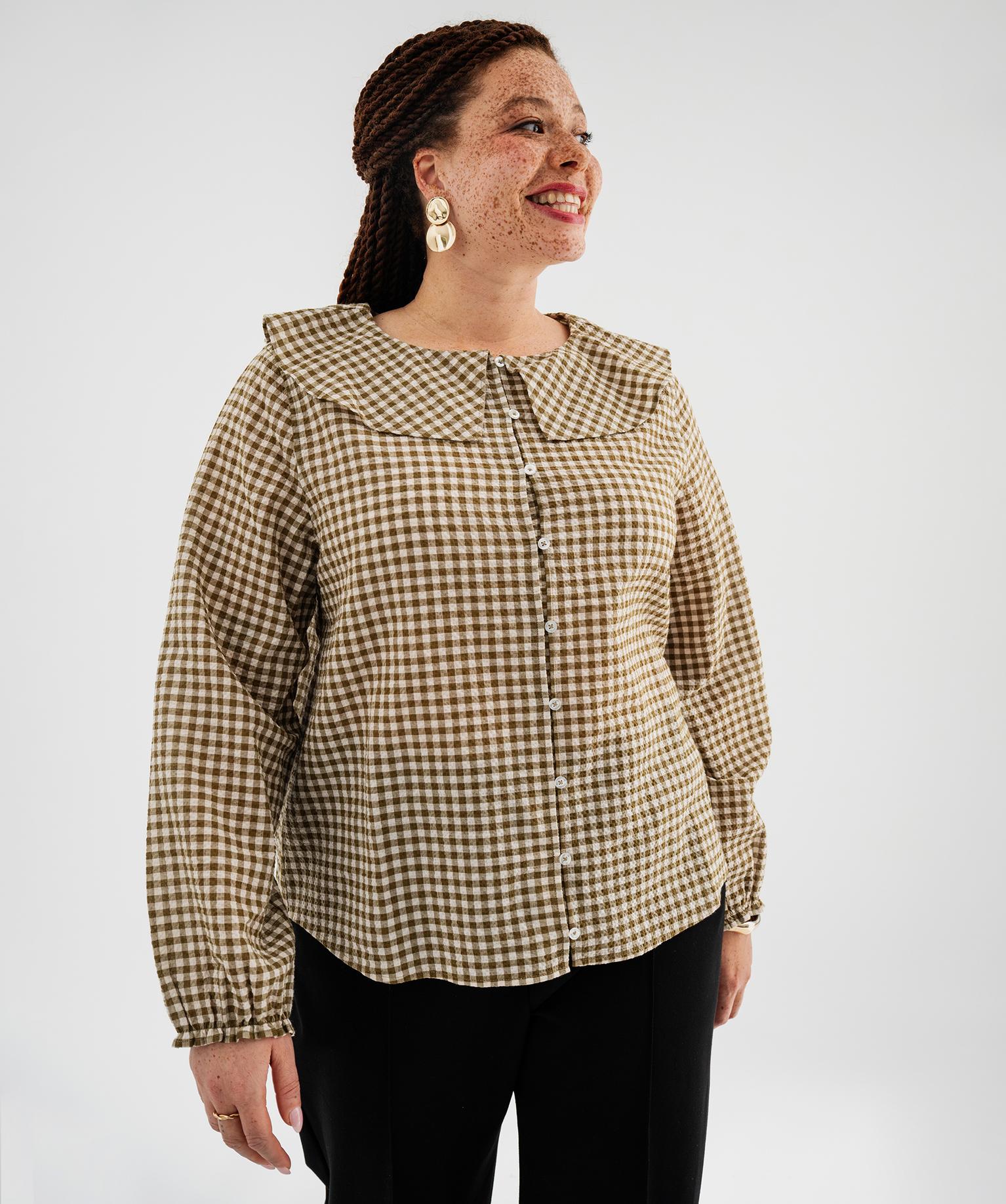 Chemise manches longues en coton stretch à carreaux et grand col femme grande taille - 54 - vert - GEMO