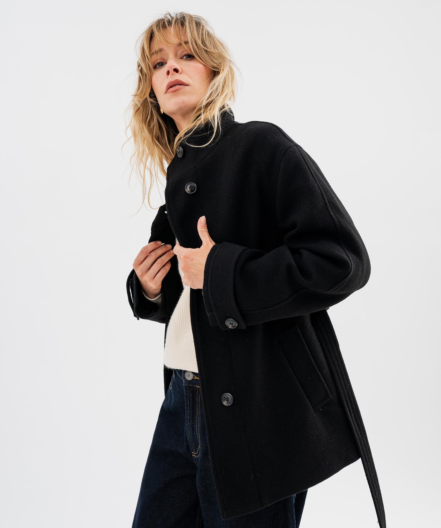Manteau droit en laine à col montant et ceinture à nouer femme - 36/S - noir standard - GEMO