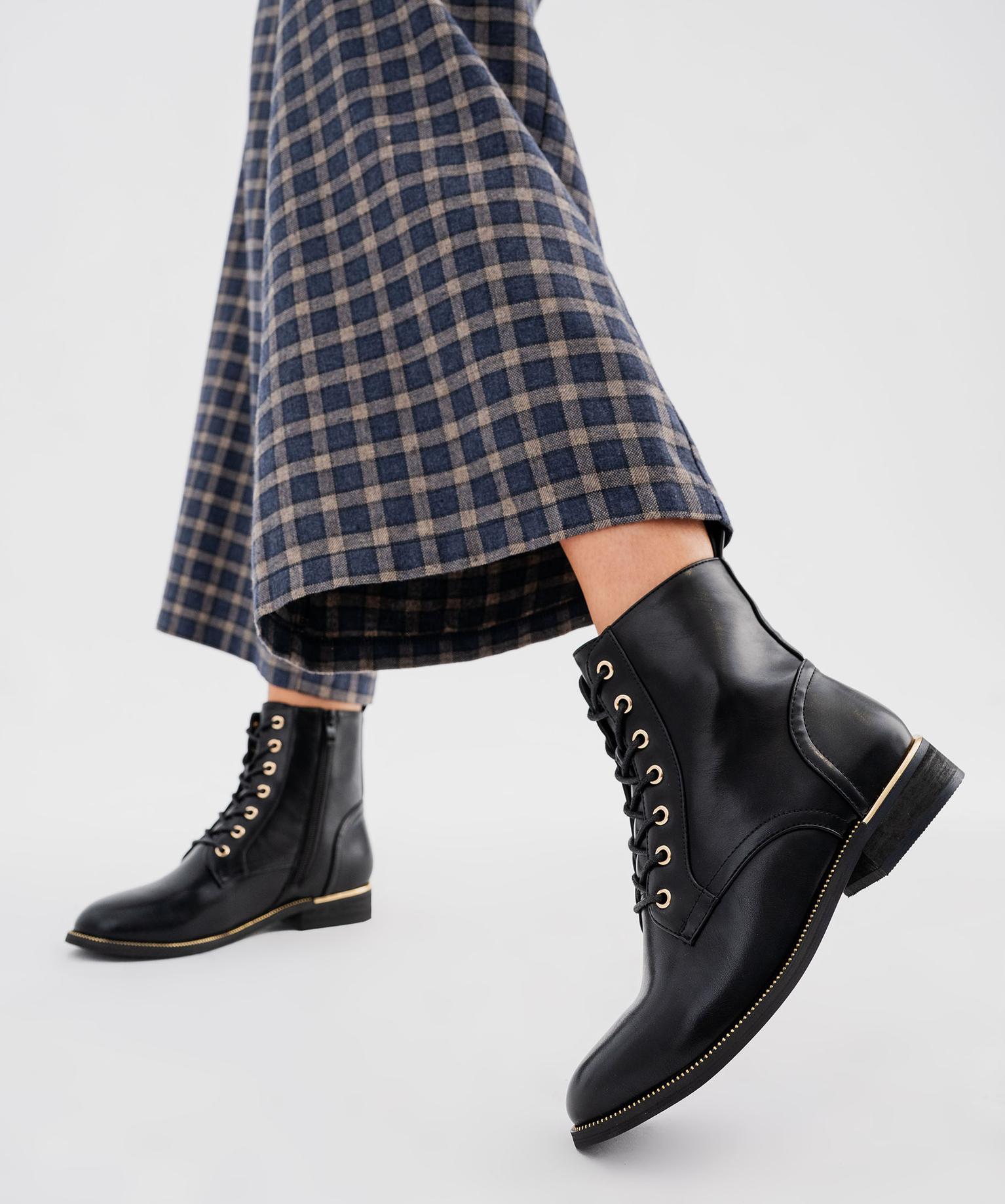 Bottines Plates Femme – Cuir Synthétique Imperméable, Lacets Et Zip – Style Cowboy Automne-hiver
