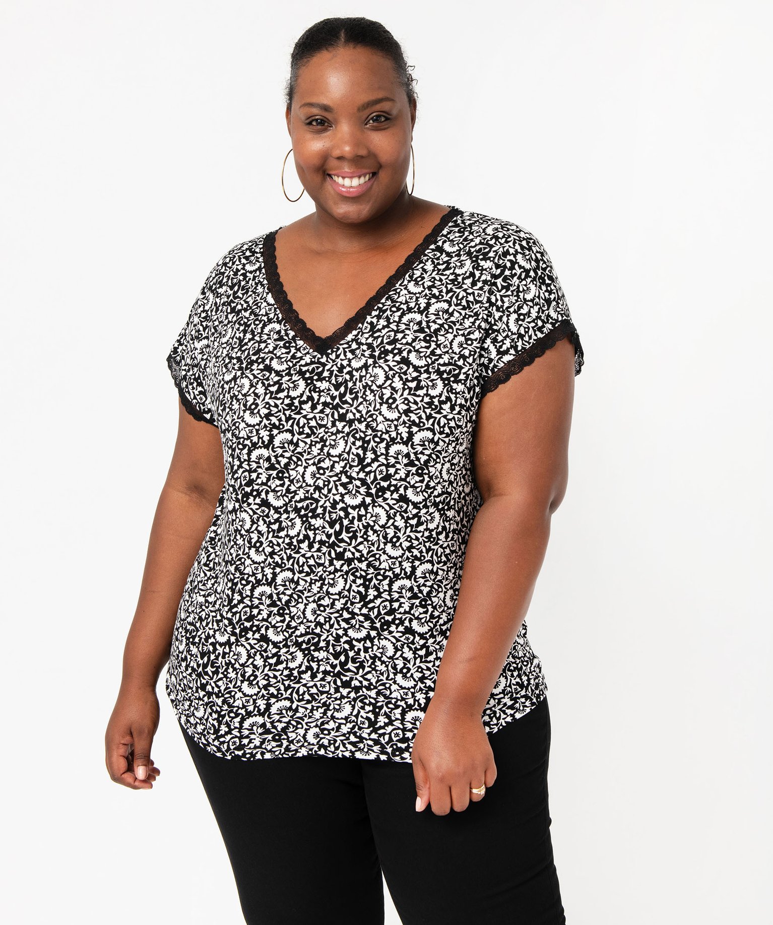 Tee-shirt imprimé à manches courtes à col V femme grande taille - 46/48 - noir - GEMO