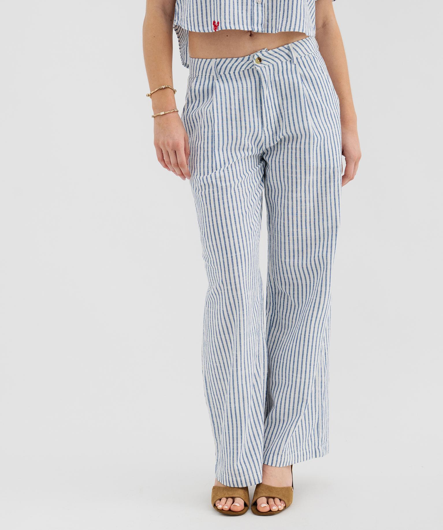 Pantalon large en coton rayé et texturé femme - 44 - bleu - GEMO