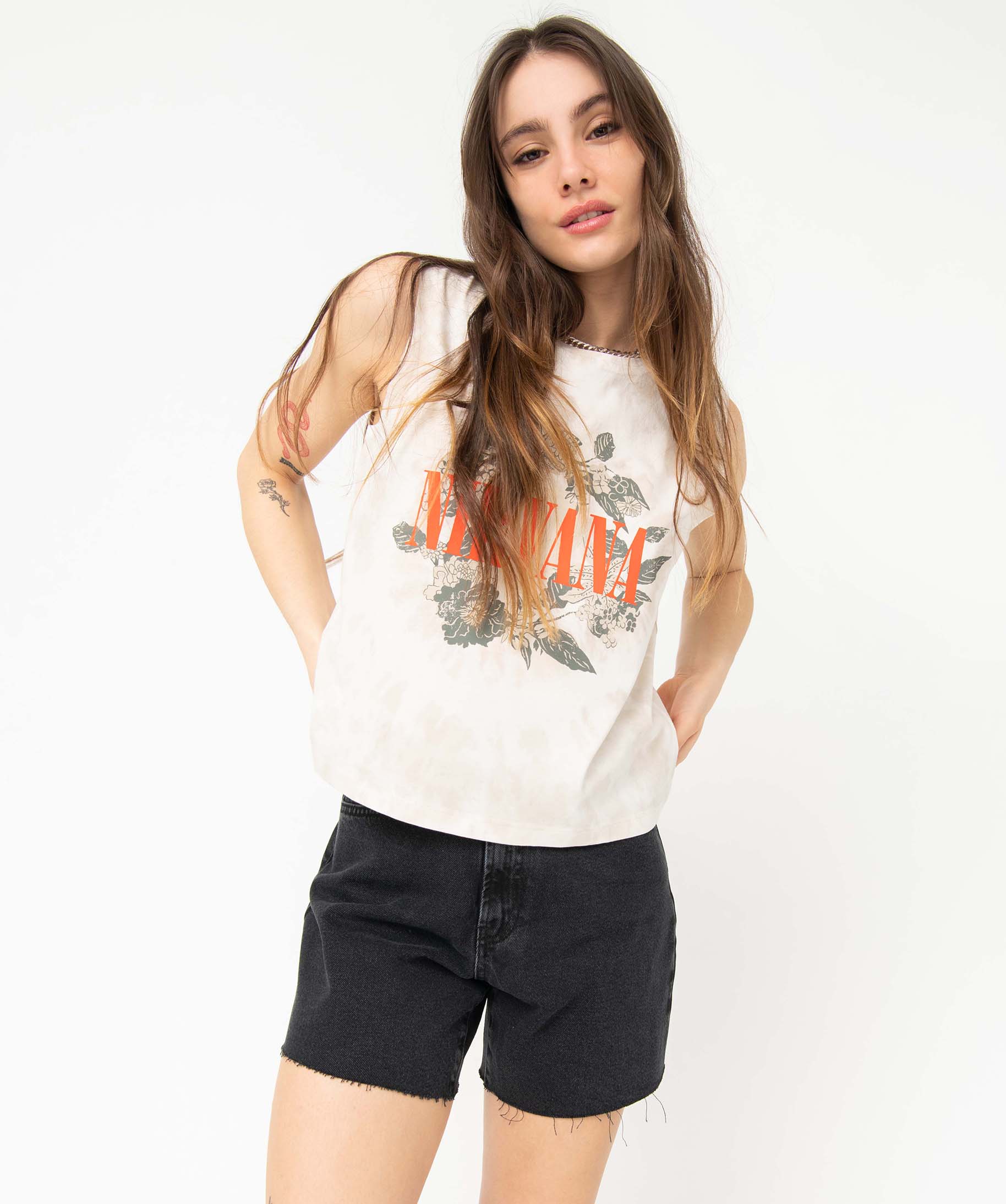 Débardeur femme à large motif - Nirvana - XS - beige - NIRVANA