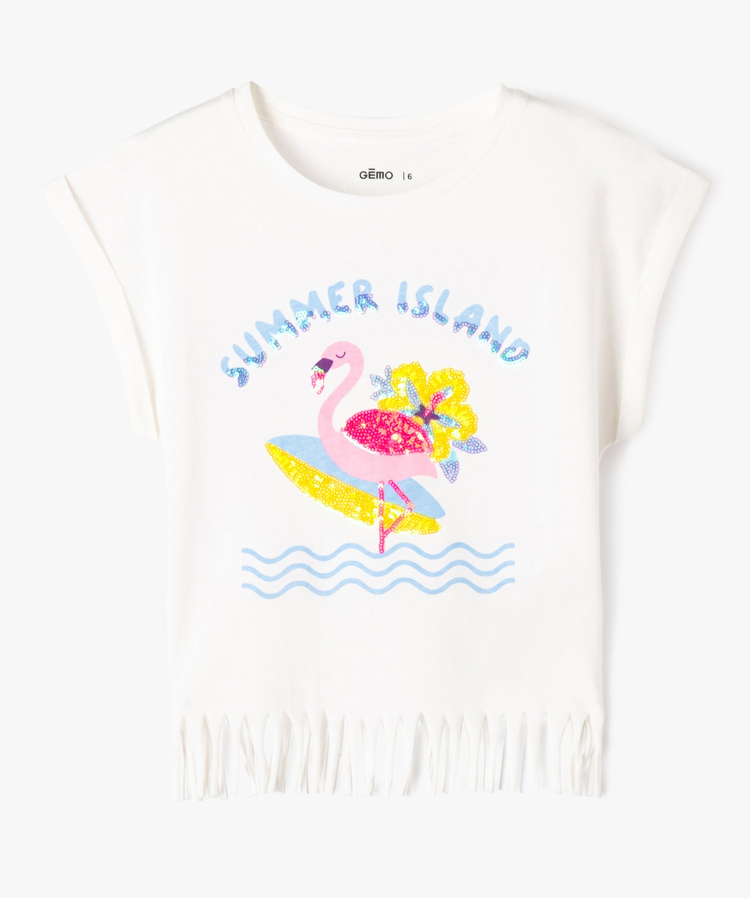 Tee-shirt à manches courtes avec motif sequins et franges fille - 5 - blanc - GEMO