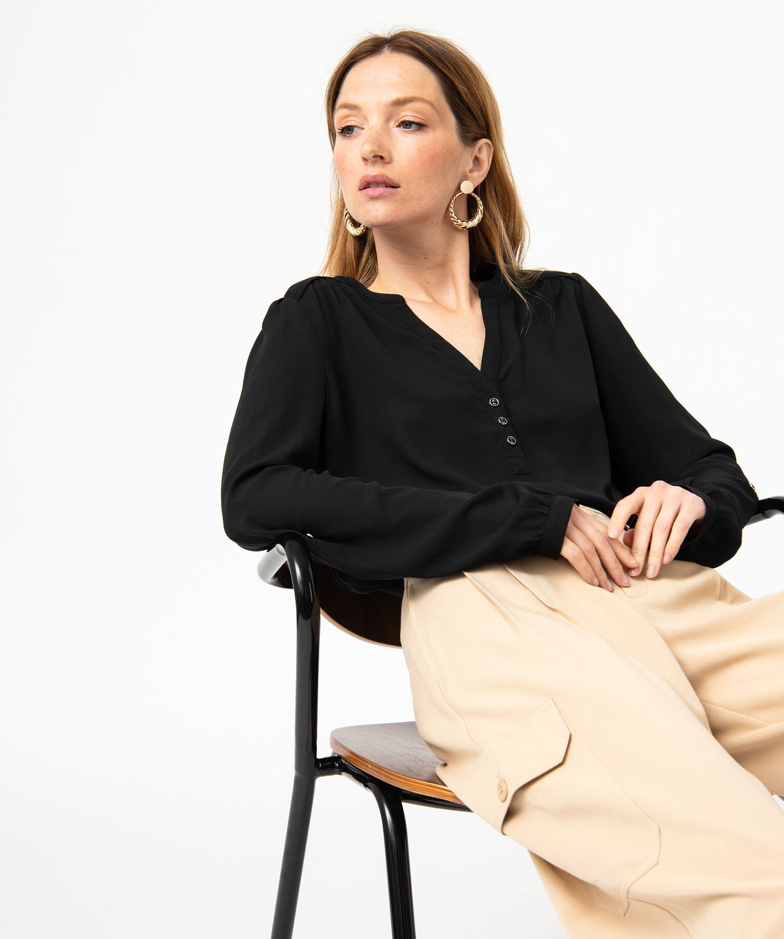 Blouse unie avec col V boutonné femme - 42 - noir - GEMO