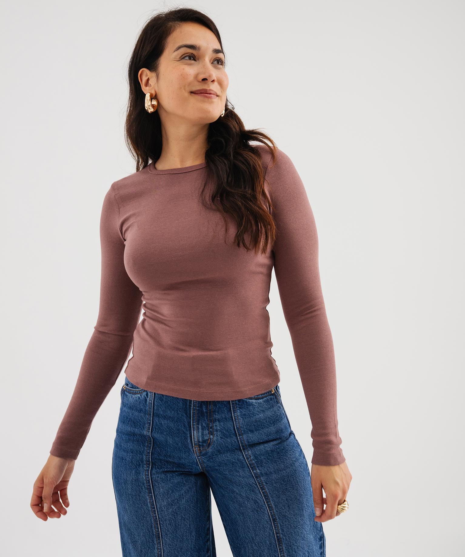 Tee-shirt manches longues extensible en coton et modal mélangés femme - 46-48/XL - violet standard - GEMO