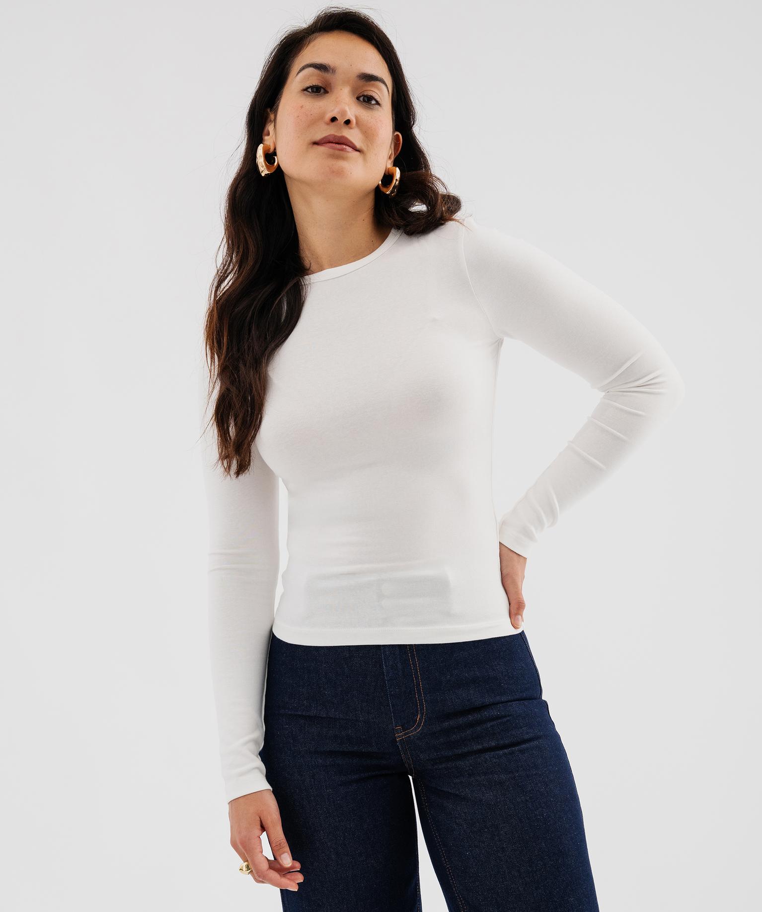 Tee-shirt manches longues extensible en coton et modal mélangés femme - 36/S - blanc standard - GEMO