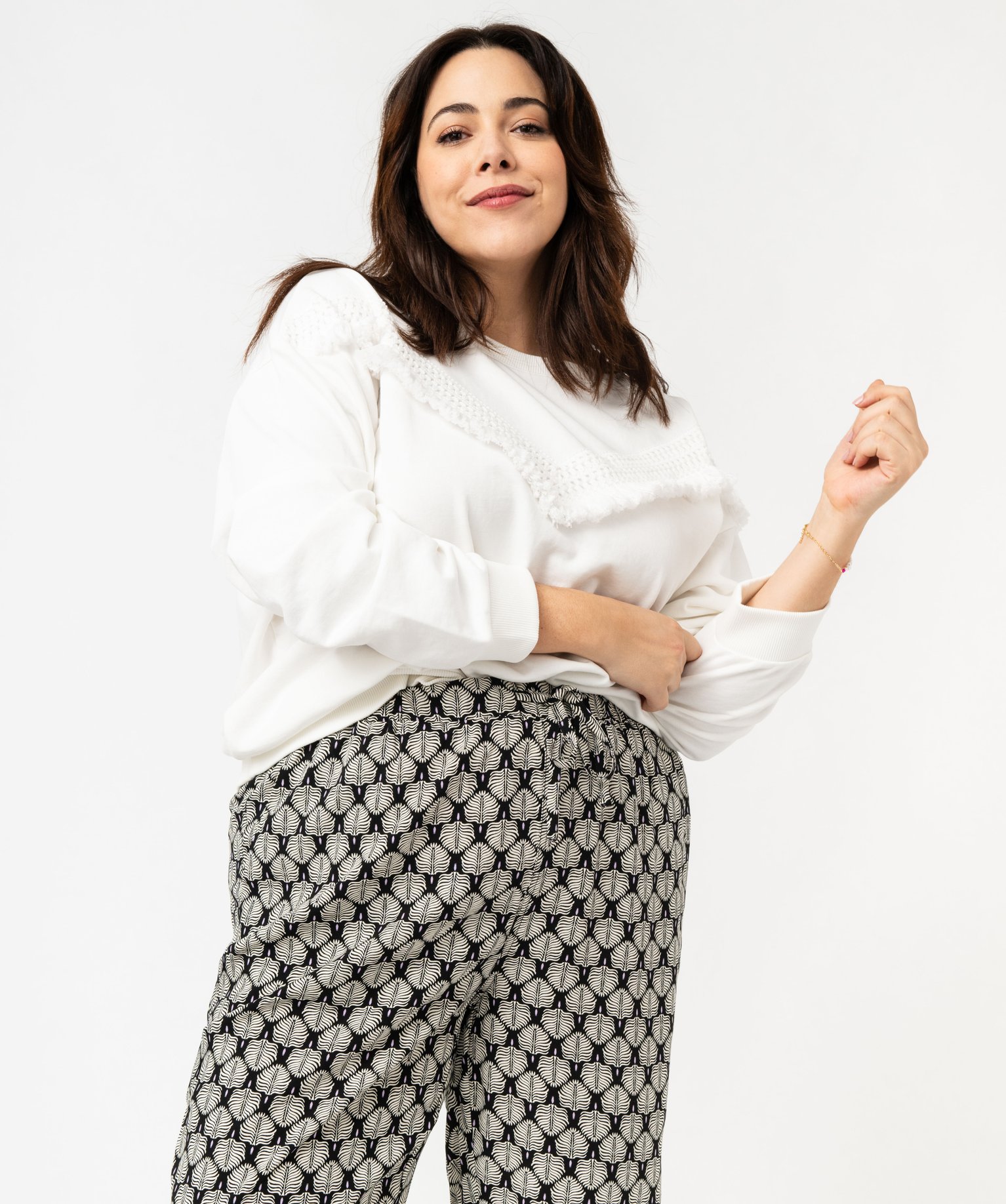 Sweat avec bande brodée et pompons femme grande taille - 54/56 - ecru - GEMO