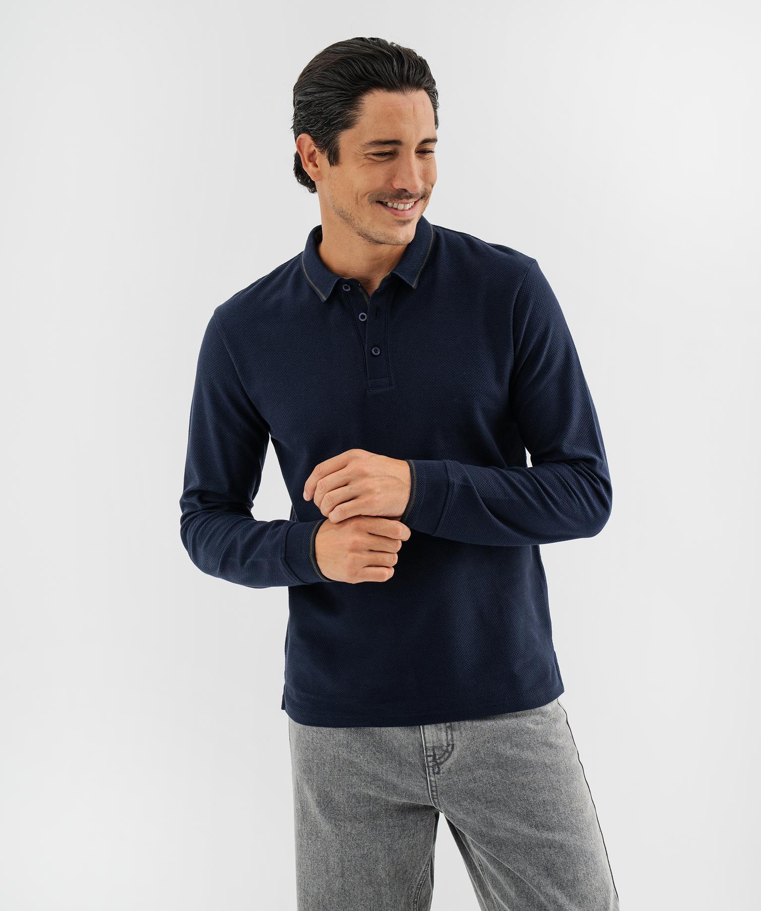 Polo à manches longues en maille fantaisie homme - 54-56/3XL - bleu marine - GEMO